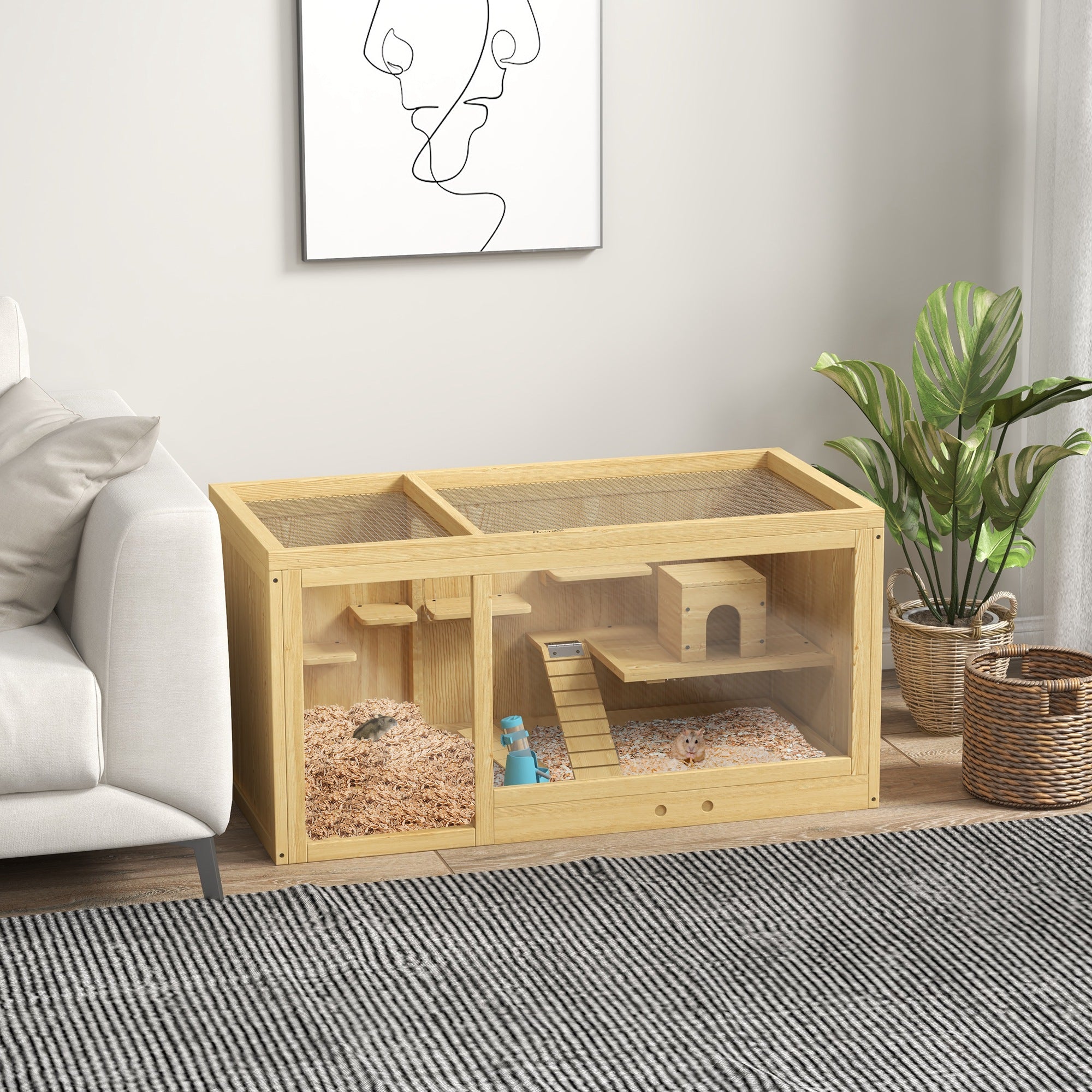 Wooden Hamster Cage Rodent Cage Small Animal Cage with Folding Lid Swings, Ladders Feeding Bowl and Accessories, Wooden Cage Cage for Hamster Dwarf Hamster Gerbil 100 x 50 x 50cm Natural