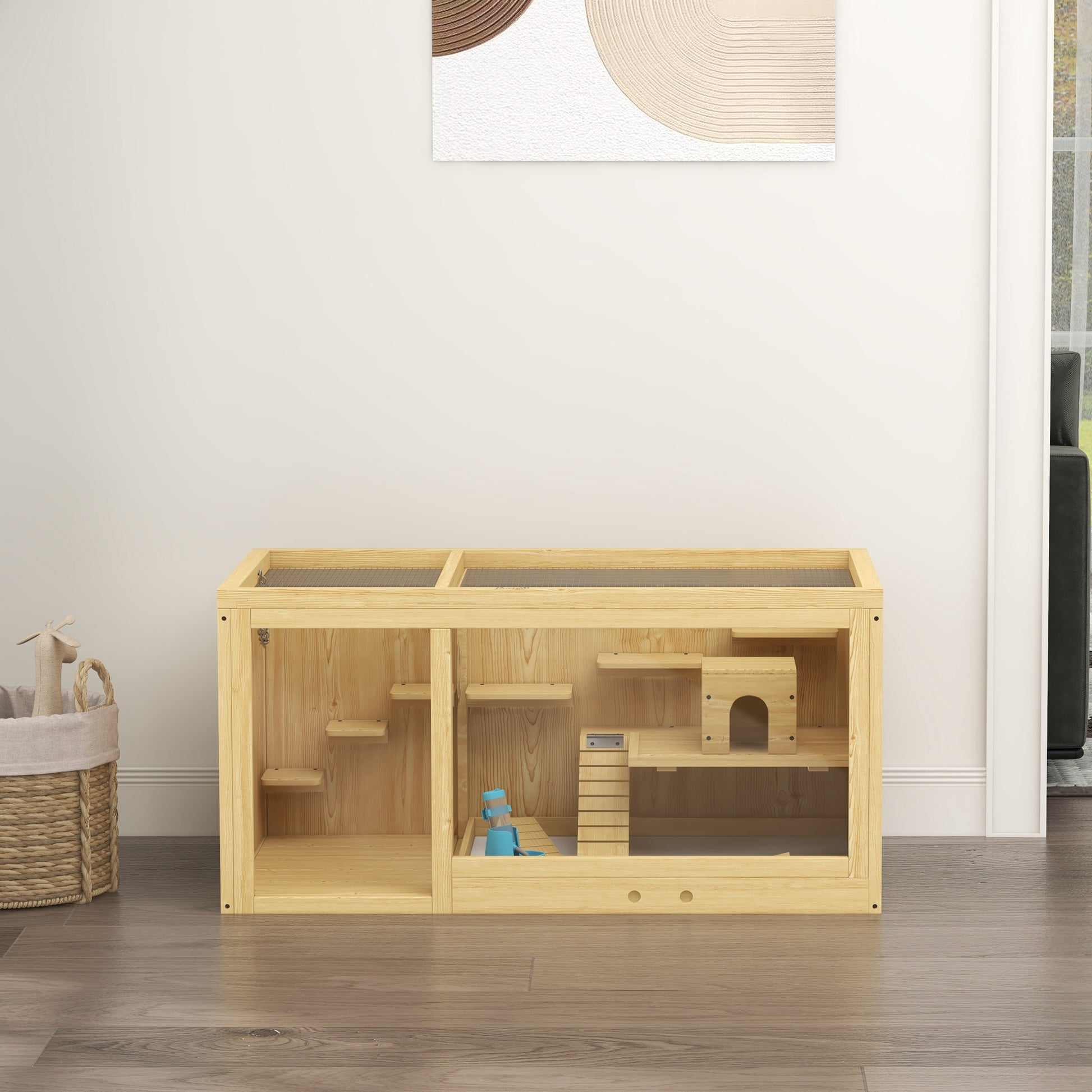 Wooden Hamster Cage Rodent Cage Small Animal Cage with Folding Lid Swings, Ladders Feeding Bowl and Accessories, Wooden Cage Cage for Hamster Dwarf Hamster Gerbil 100 x 50 x 50cm Natural