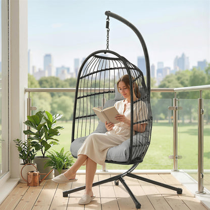 Hanging Egg Chair with Stand — Foldable PE Rattan Swing, Thick Cushion & Headrest, Adjustable Height, Light Gray