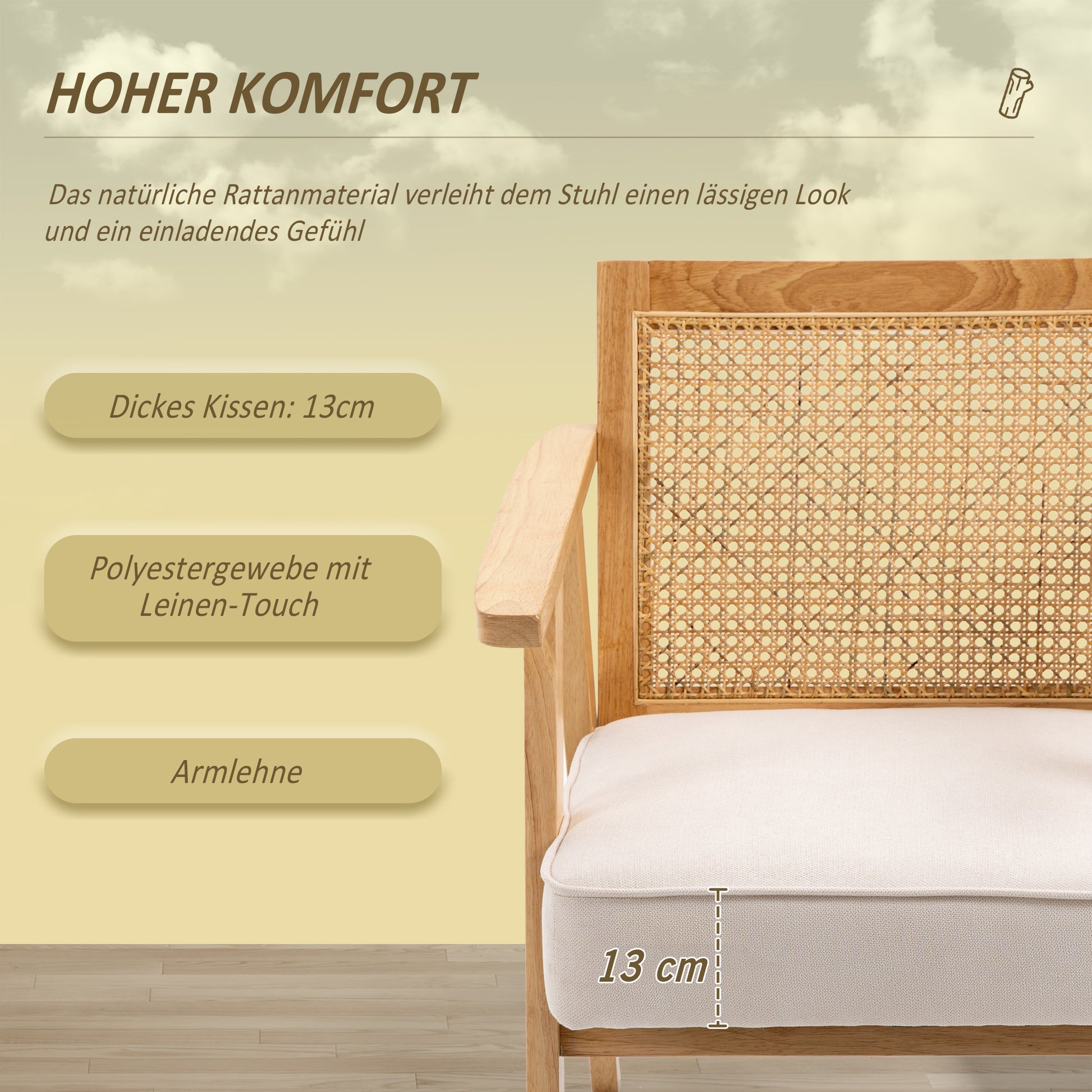 Armchair Living Room Relax Chair with Armrests, Seat Cushion, Lounge Chair with Rattan Backrest, Reading Chair with Linen Look, Wood Frame, Upholstered Chair for Bedroom Cream