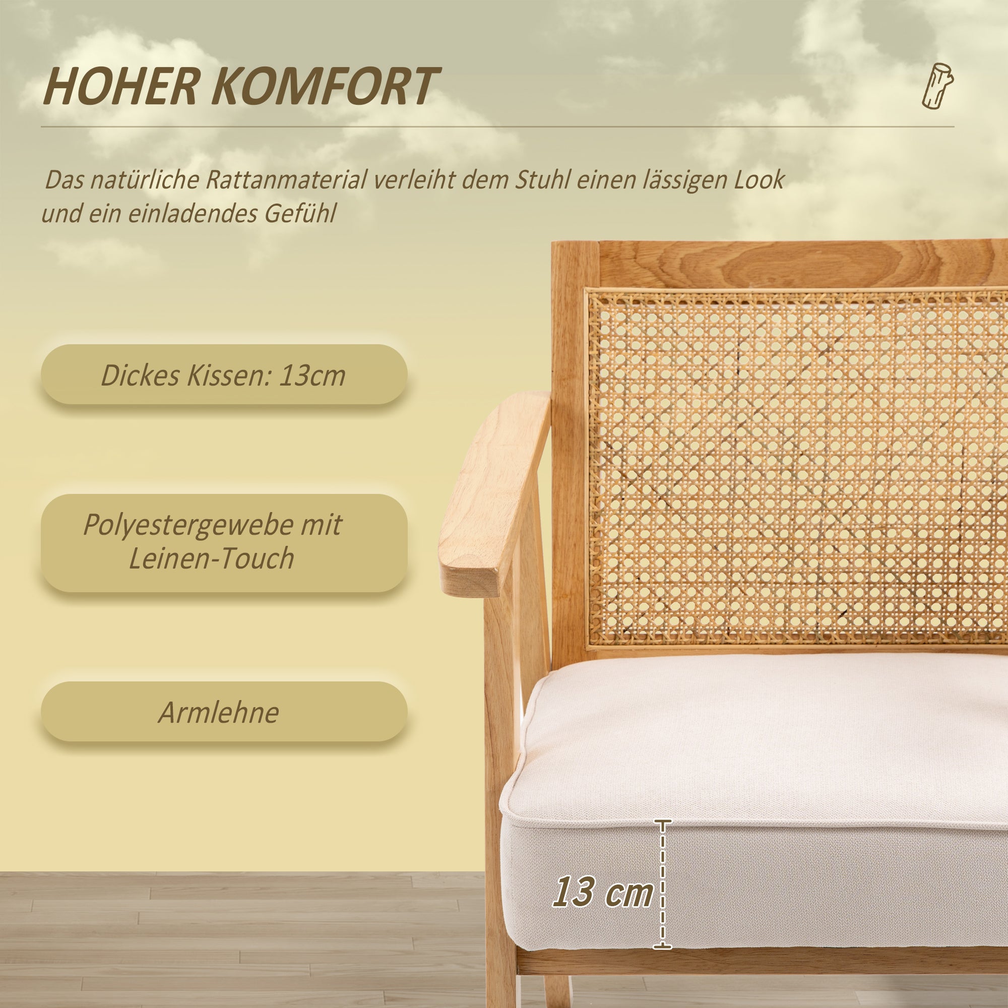 Armchair Living Room Relax Chair with Armrests, Seat Cushion, Lounge Chair with Rattan Backrest, Reading Chair with Linen Look, Wood Frame, Upholstered Chair for Bedroom Cream