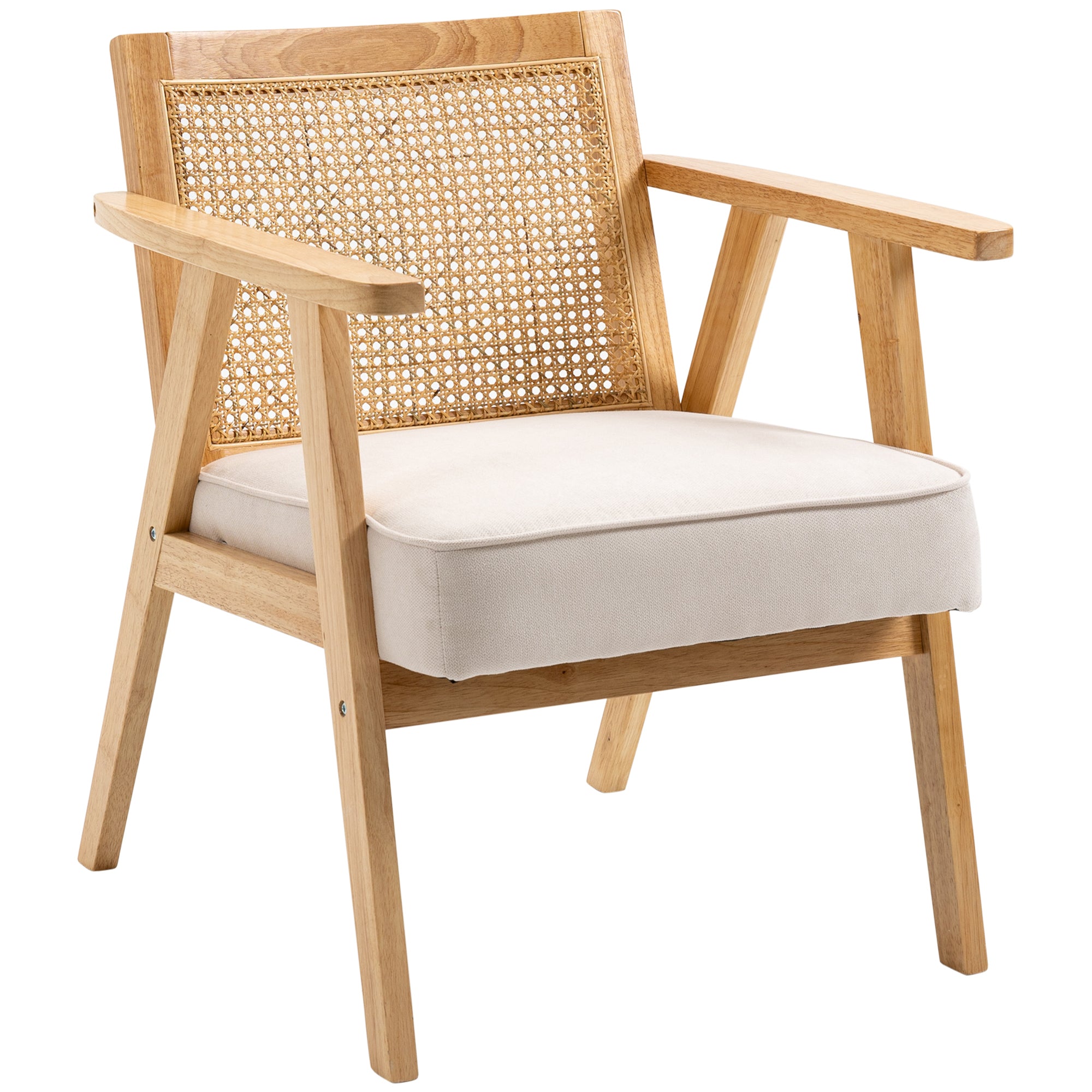 Armchair Living Room Relax Chair with Armrests, Seat Cushion, Lounge Chair with Rattan Backrest, Reading Chair with Linen Look, Wood Frame, Upholstered Chair for Bedroom Cream