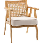 Armchair Living Room Relax Chair with Armrests, Seat Cushion, Lounge Chair with Rattan Backrest, Reading Chair with Linen Look, Wood Frame, Upholstered Chair for Bedroom Cream