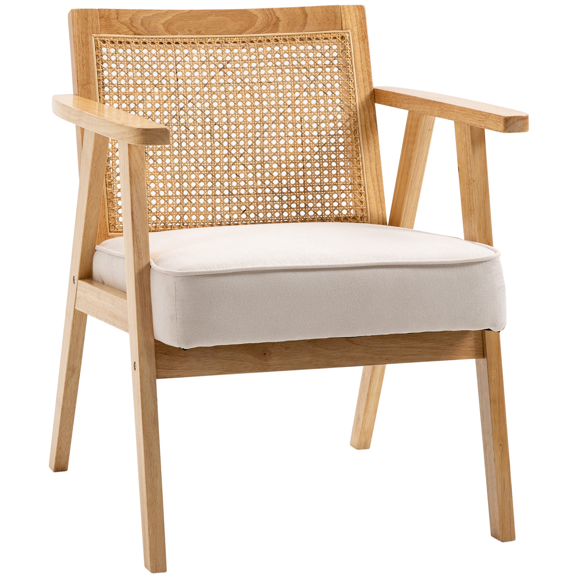 Armchair Living Room Relax Chair with Armrests, Seat Cushion, Lounge Chair with Rattan Backrest, Reading Chair with Linen Look, Wood Frame, Upholstered Chair for Bedroom Cream