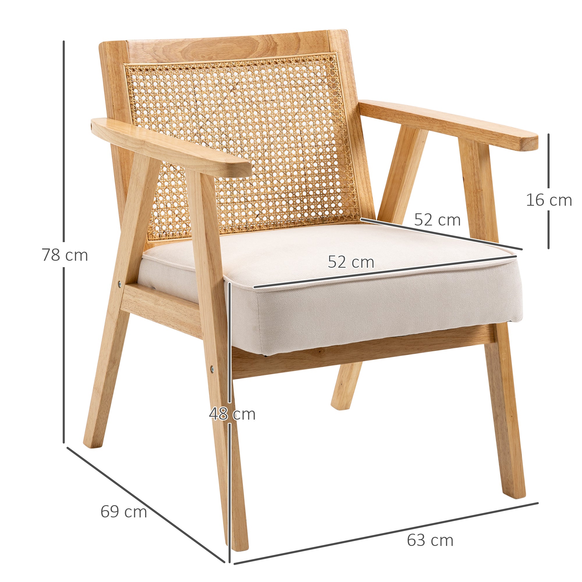 Armchair Living Room Relax Chair with Armrests, Seat Cushion, Lounge Chair with Rattan Backrest, Reading Chair with Linen Look, Wood Frame, Upholstered Chair for Bedroom Cream