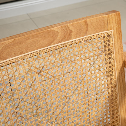 Armchair Living Room Relax Chair with Armrests, Seat Cushion, Lounge Chair with Rattan Backrest, Reading Chair with Linen Look, Wood Frame, Upholstered Chair for Bedroom Cream