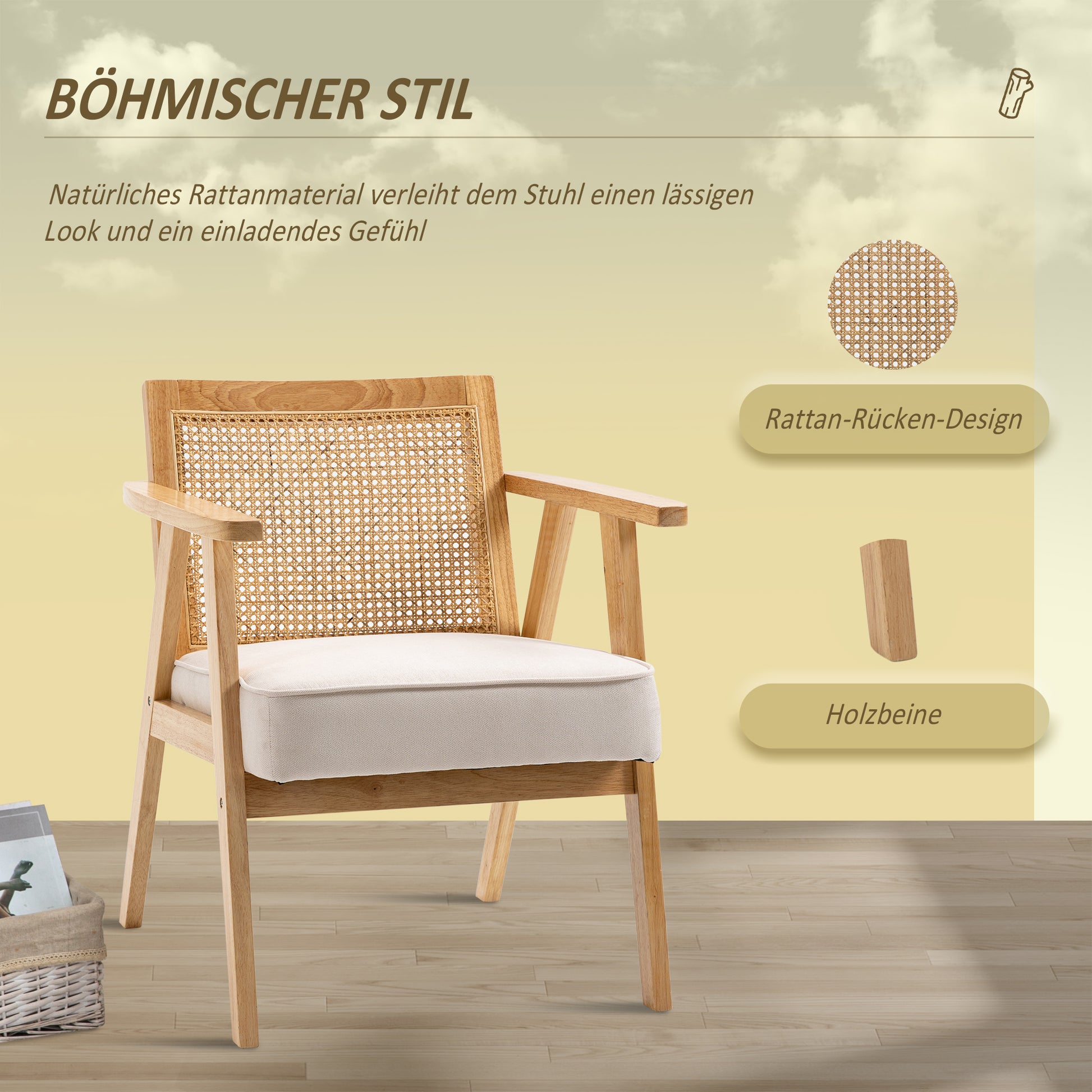 Armchair Living Room Relax Chair with Armrests, Seat Cushion, Lounge Chair with Rattan Backrest, Reading Chair with Linen Look, Wood Frame, Upholstered Chair for Bedroom Cream
