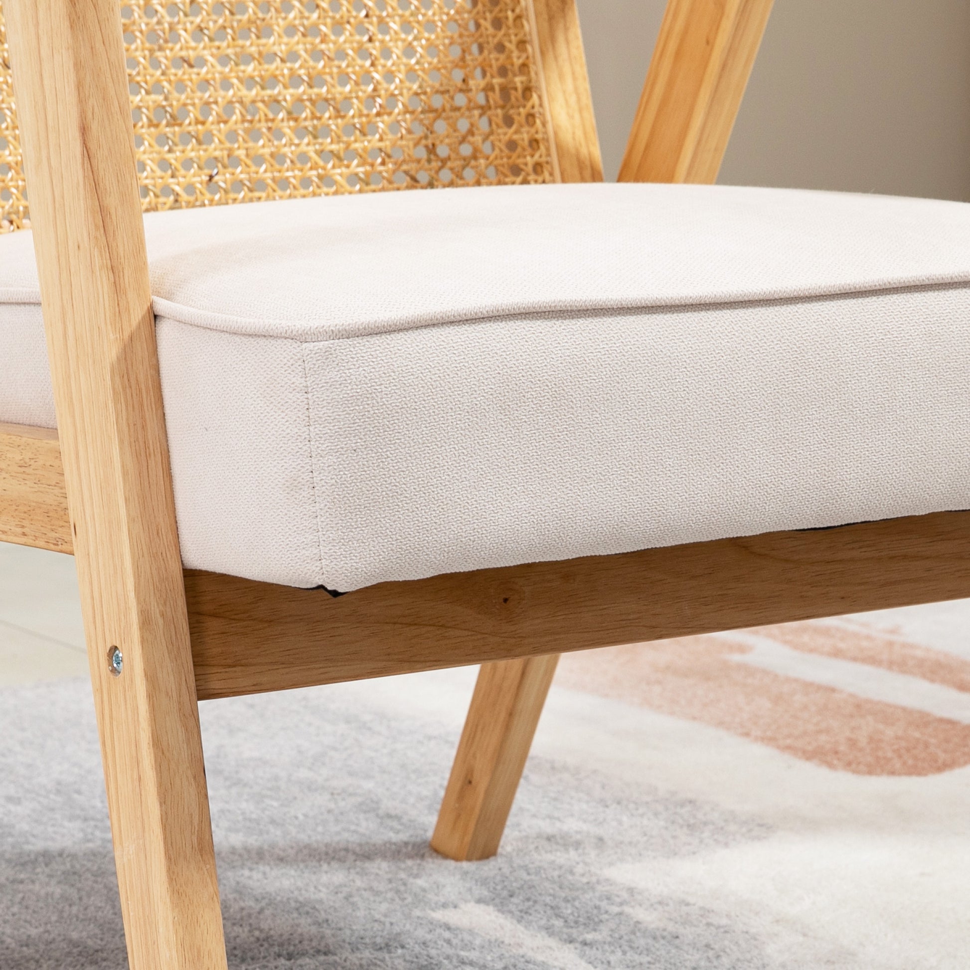 Armchair Living Room Relax Chair with Armrests, Seat Cushion, Lounge Chair with Rattan Backrest, Reading Chair with Linen Look, Wood Frame, Upholstered Chair for Bedroom Cream