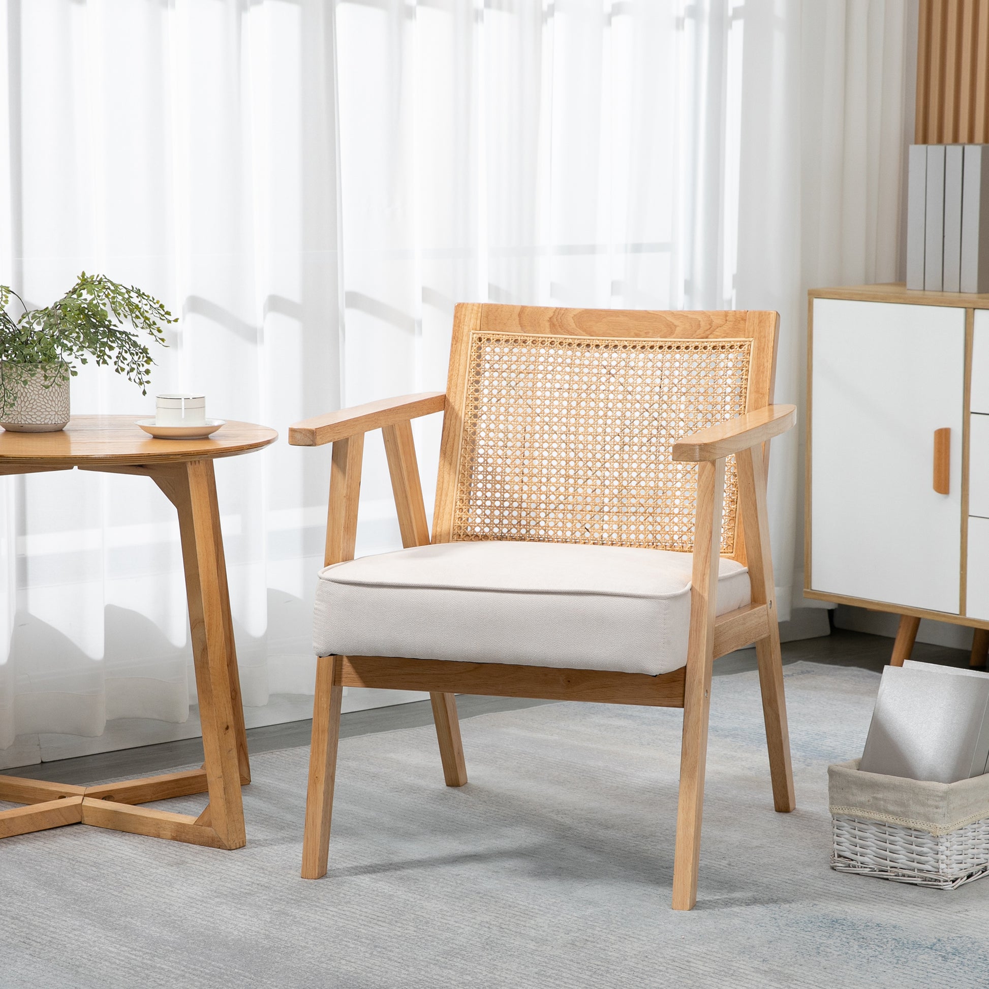 Armchair Living Room Relax Chair with Armrests, Seat Cushion, Lounge Chair with Rattan Backrest, Reading Chair with Linen Look, Wood Frame, Upholstered Chair for Bedroom Cream