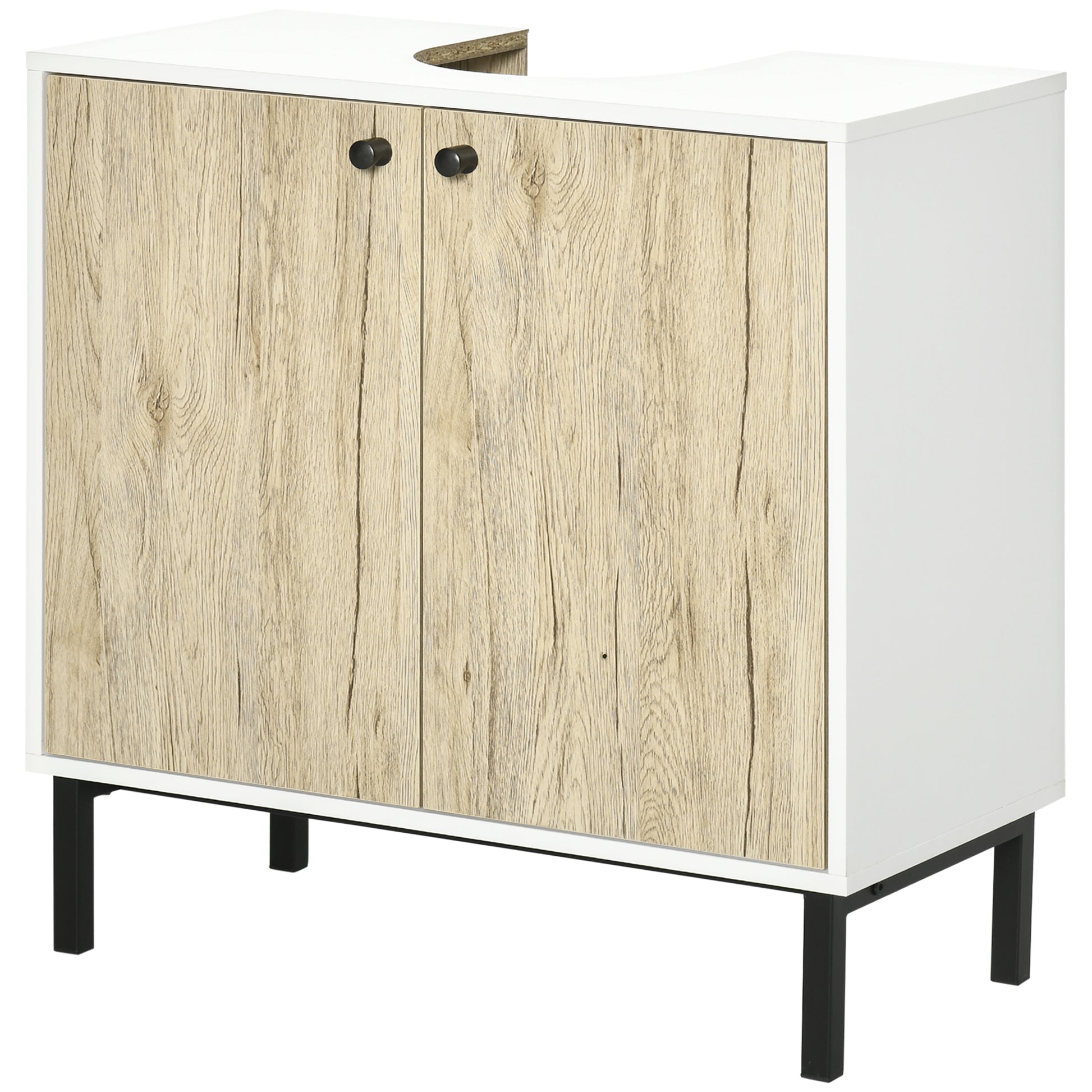 Under-Sink Cabinet Bathroom Storage Cabinet for Modern Basin Stand Metal Legs Double Door 60 x 30 x 60 cm - White and Wood Color