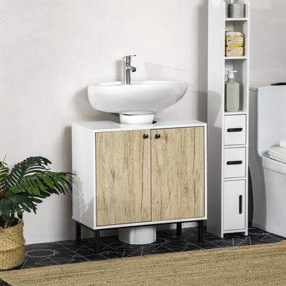 Under-Sink Cabinet Bathroom Storage Cabinet for Modern Basin Stand Metal Legs Double Door 60 x 30 x 60 cm - White and Wood Color