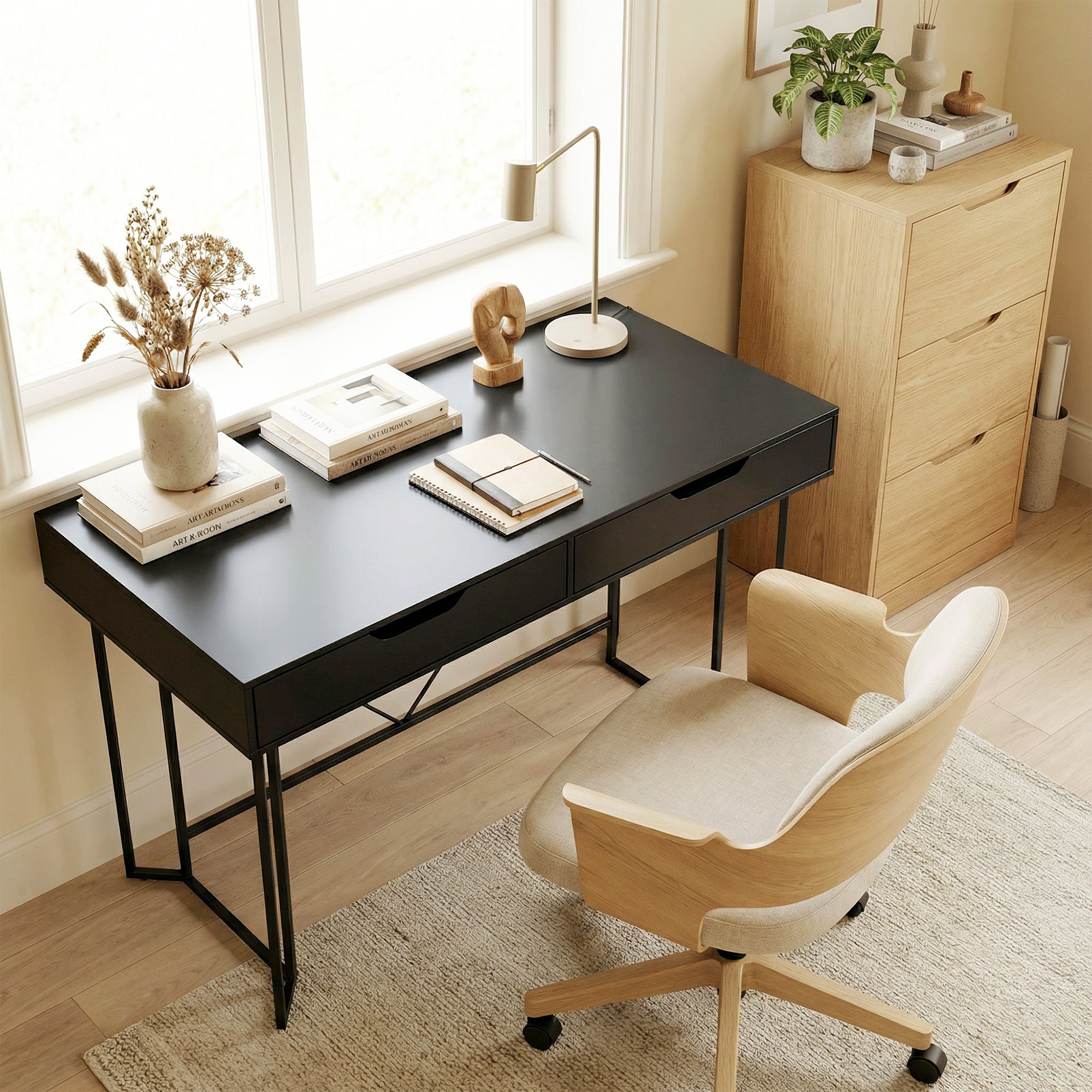 Computer Desk with 2 Drawers, Modern Design Metal Frame for Home Office & Bedroom — 47.2 x 23.6 x 30.3 in, Black