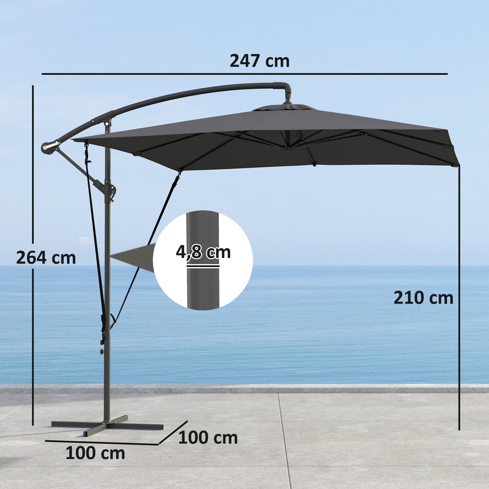Eccentric Parasol 247x247 cm Garden Umbrella with Cross Base Adjustable Cover Crank Protective Cover and Anti-UV Wind Rope 50+ Umbrella for Terrace Patio Dark Grey