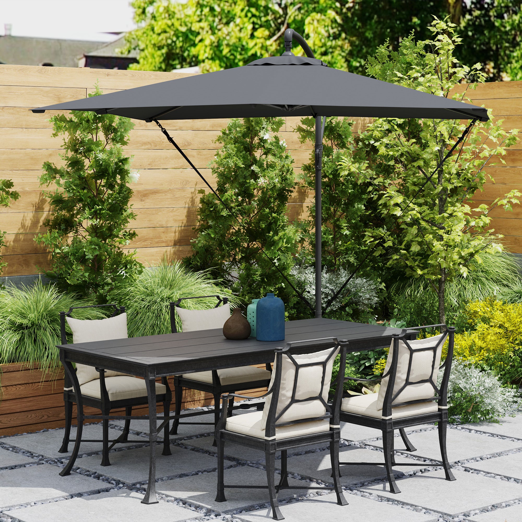 Eccentric Parasol 247x247 cm Garden Umbrella with Cross Base Adjustable Cover Crank Protective Cover and Anti-UV Wind Rope 50+ Umbrella for Terrace Patio Dark Grey