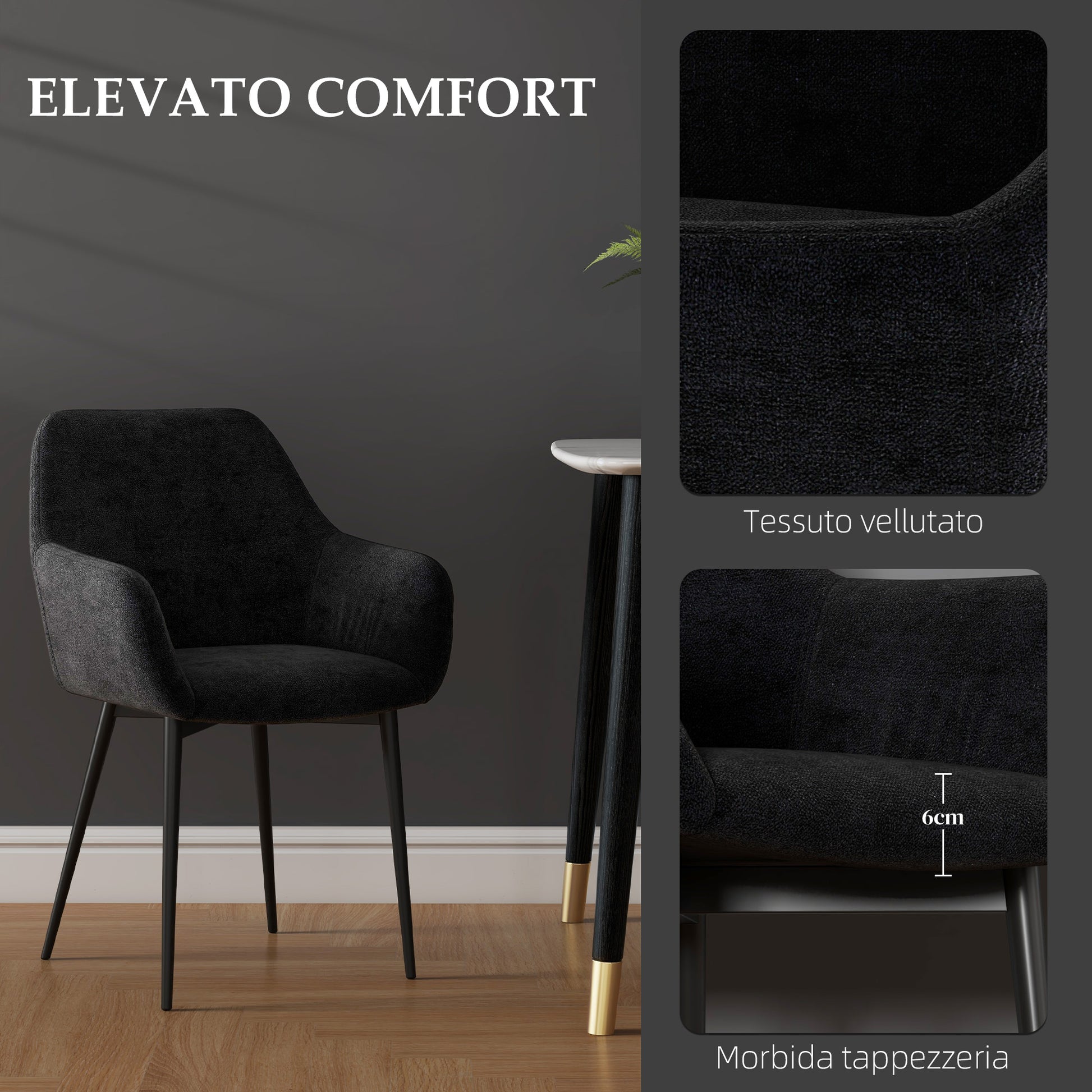 Set of 2 Upholstered Nordic Style Dining Chairs, Fabric Kitchen Chairs, Armchair with Steel Legs for Living Room, 54x57x80 cm, Black