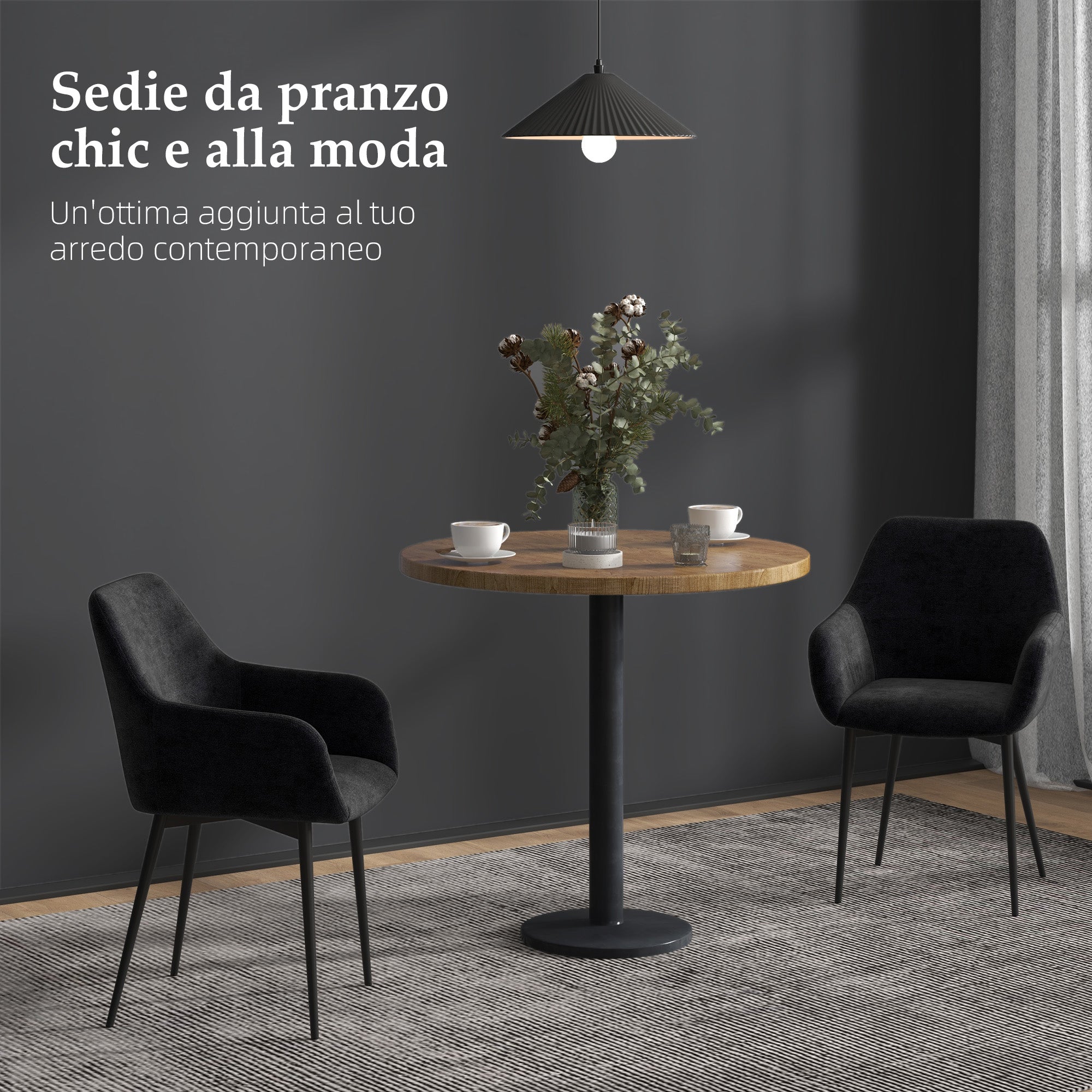 Set of 2 Upholstered Nordic Style Dining Chairs, Fabric Kitchen Chairs, Armchair with Steel Legs for Living Room, 54x57x80 cm, Black