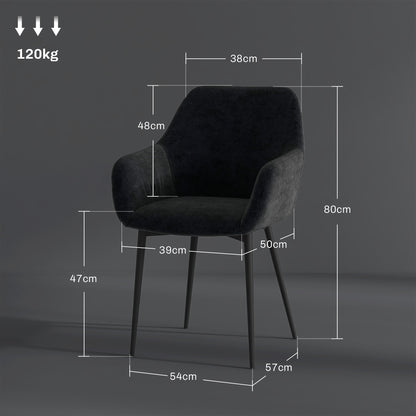 Set of 2 Upholstered Nordic Style Dining Chairs, Fabric Kitchen Chairs, Armchair with Steel Legs for Living Room, 54x57x80 cm, Black