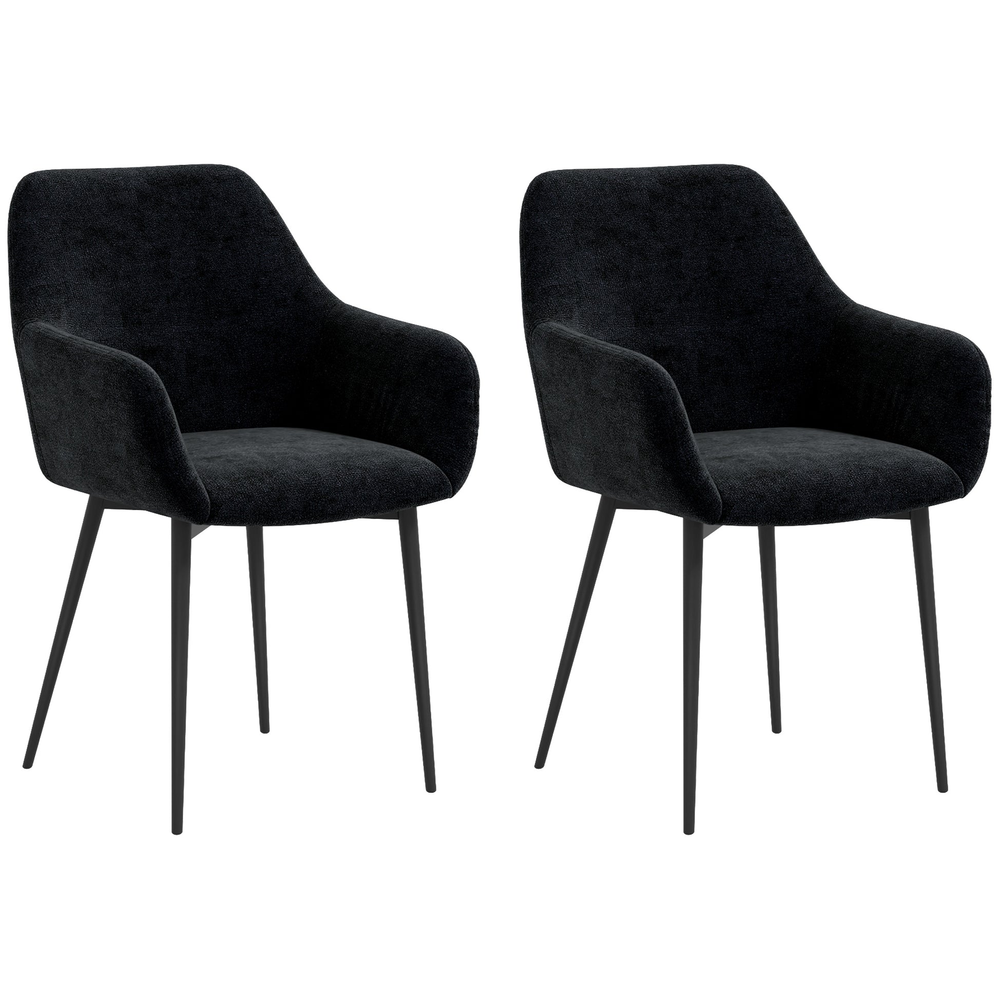 Set of 2 Upholstered Nordic Style Dining Chairs, Fabric Kitchen Chairs, Armchair with Steel Legs for Living Room, 54x57x80 cm, Black
