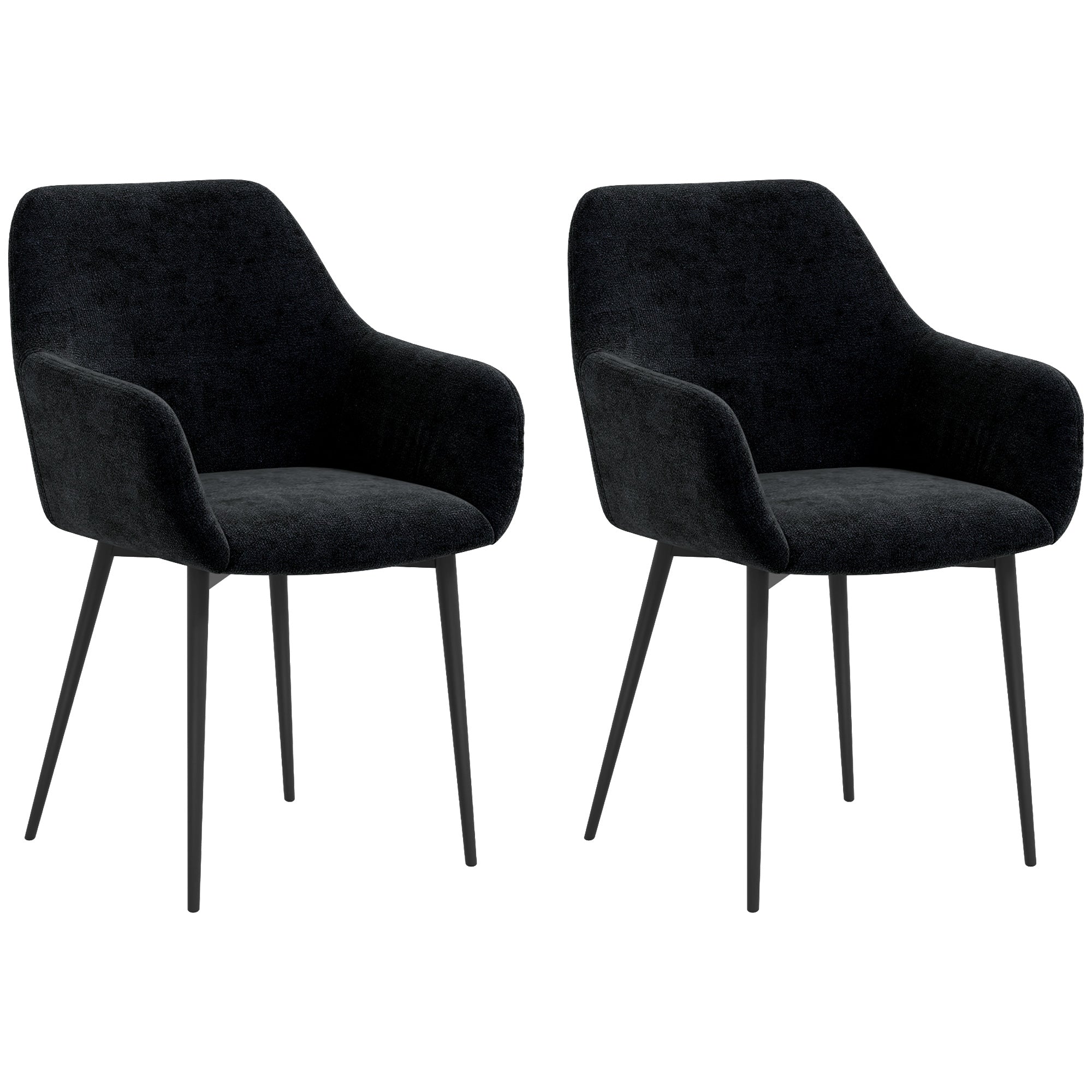 Set of 2 Upholstered Nordic Style Dining Chairs, Fabric Kitchen Chairs, Armchair with Steel Legs for Living Room, 54x57x80 cm, Black