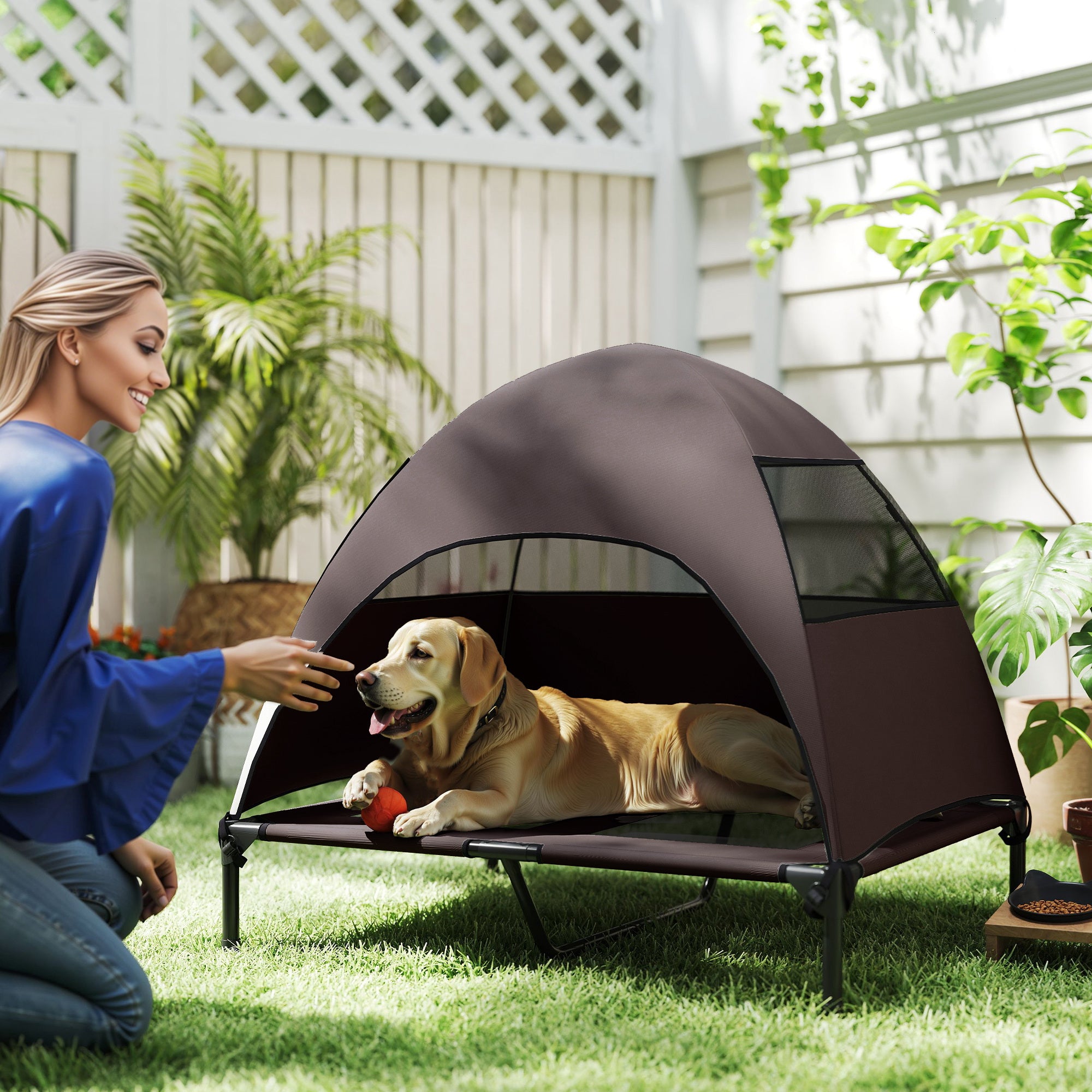 Outdoor Dog Lounger with Canopy, Elevated Dog Bed for Large Dogs, Cooling Pet Lounger with Washable Mesh Metal Frame Carry Bag, Pet Bed for Outdoor Camping 91x76x90cm, Coffee