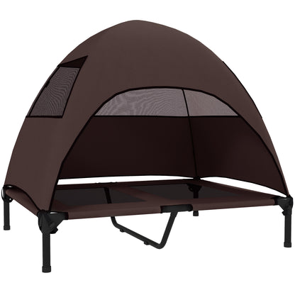 Outdoor Dog Lounger with Canopy, Elevated Dog Bed for Large Dogs, Cooling Pet Lounger with Washable Mesh Metal Frame Carry Bag, Pet Bed for Outdoor Camping 91x76x90cm, Coffee