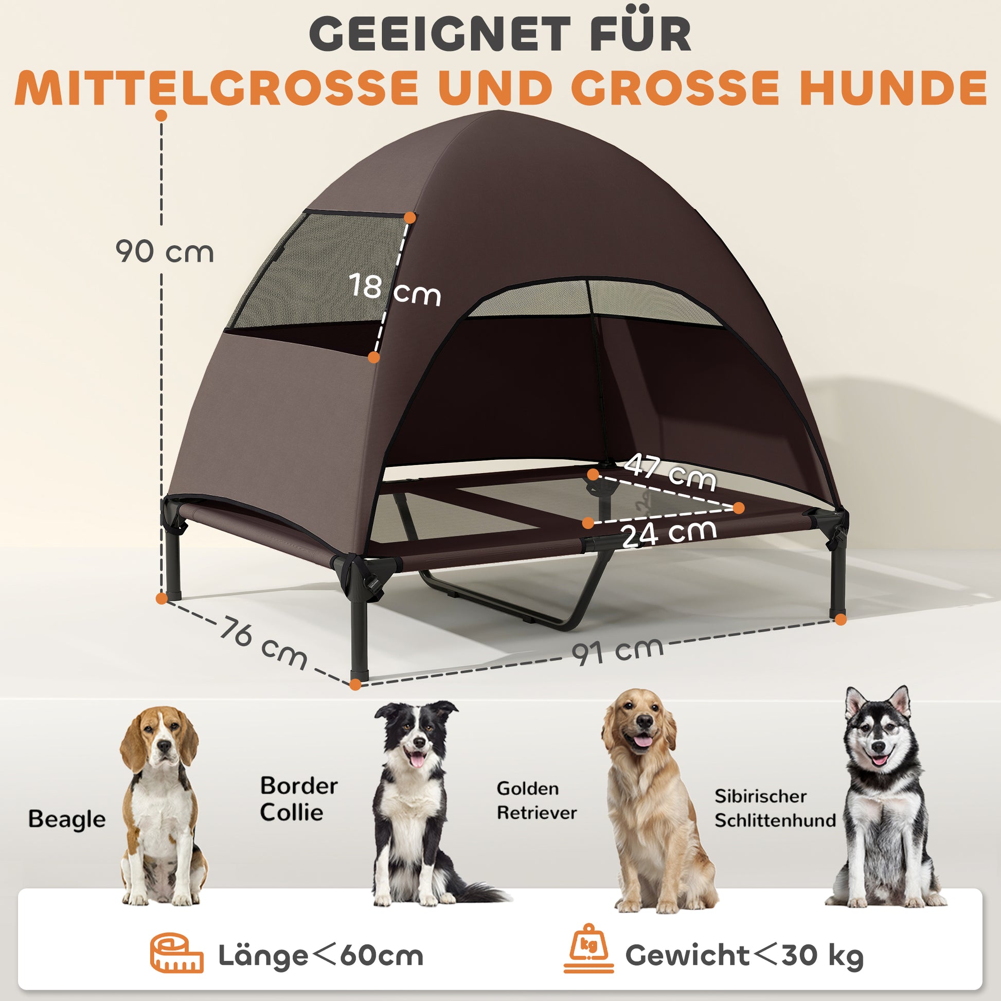 Outdoor Dog Lounger with Canopy, Elevated Dog Bed for Large Dogs, Cooling Pet Lounger with Washable Mesh Metal Frame Carry Bag, Pet Bed for Outdoor Camping 91x76x90cm, Coffee