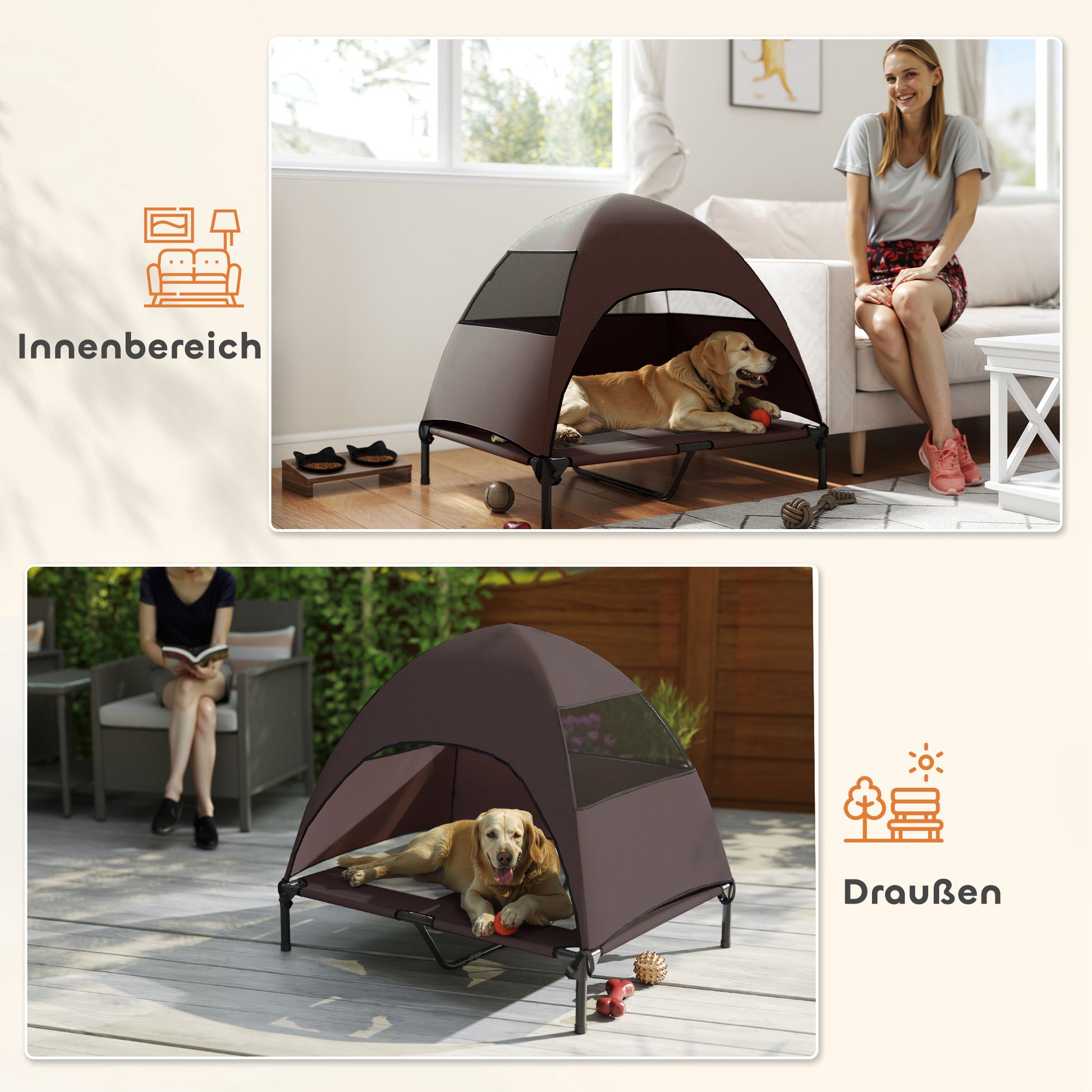 Outdoor Dog Lounger with Canopy, Elevated Dog Bed for Large Dogs, Cooling Pet Lounger with Washable Mesh Metal Frame Carry Bag, Pet Bed for Outdoor Camping 91x76x90cm, Coffee