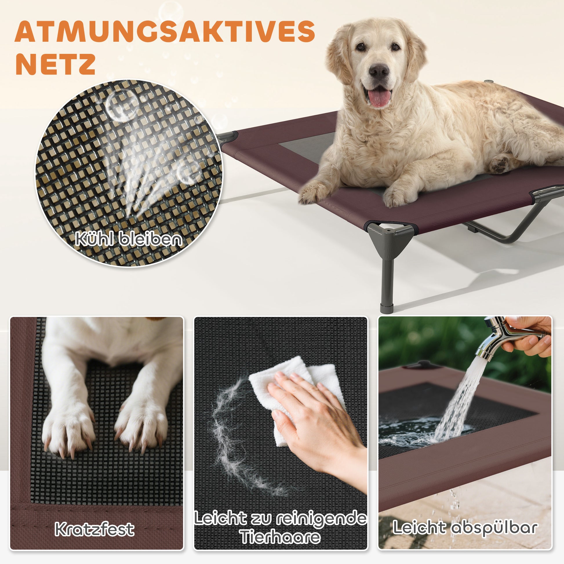 Outdoor Dog Lounger with Canopy, Elevated Dog Bed for Large Dogs, Cooling Pet Lounger with Washable Mesh Metal Frame Carry Bag, Pet Bed for Outdoor Camping 91x76x90cm, Coffee