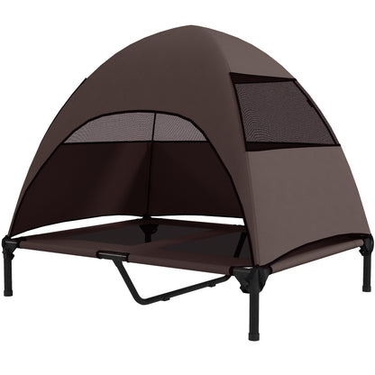 Outdoor Dog Lounger with Canopy, Elevated Dog Bed for Large Dogs, Cooling Pet Lounger with Washable Mesh Metal Frame Carry Bag, Pet Bed for Outdoor Camping 91x76x90cm, Coffee