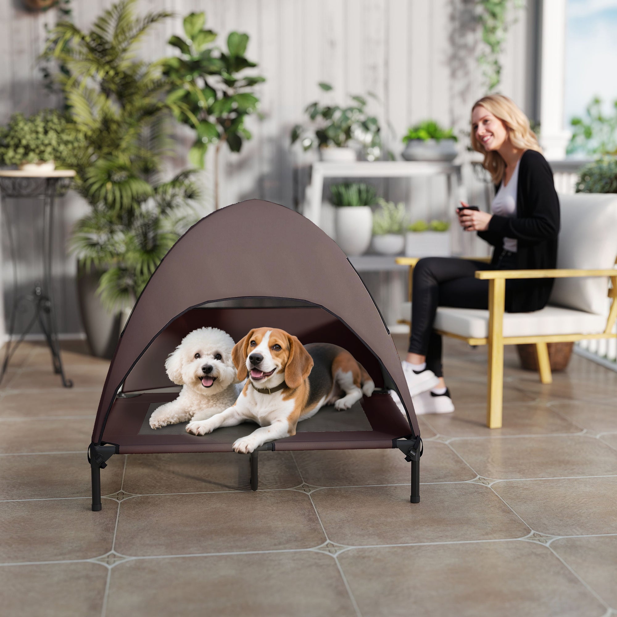 Outdoor Dog Lounger with Canopy, Elevated Dog Bed for Large Dogs, Cooling Pet Lounger with Washable Mesh Metal Frame Carry Bag, Pet Bed for Outdoor Camping 91x76x90cm, Coffee