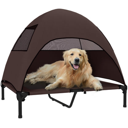 Outdoor Dog Lounger with Canopy, Elevated Dog Bed for Large Dogs, Cooling Pet Lounger with Washable Mesh Metal Frame Carry Bag, Pet Bed for Outdoor Camping 91x76x90cm, Coffee