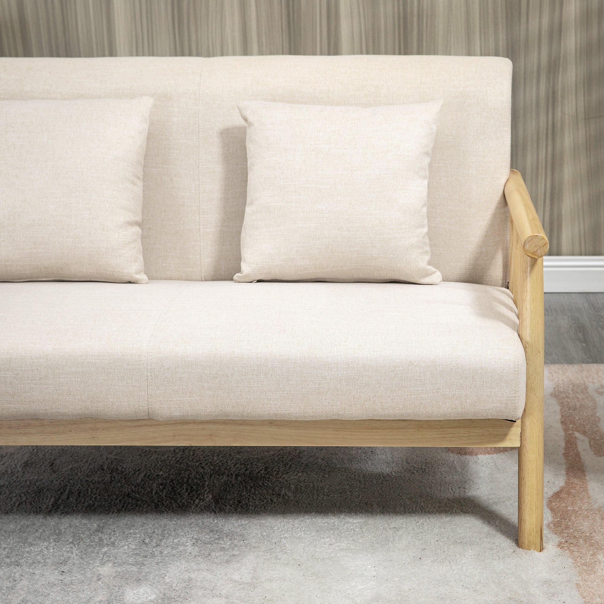 2 Seater Sofa, Couch with 2 Lumbar Pillows, Upholstered Sofa with Wooden Frame, Linen-Look, Modern Double Sofa for Small Spaces, Living Room, Bedroom, Beige