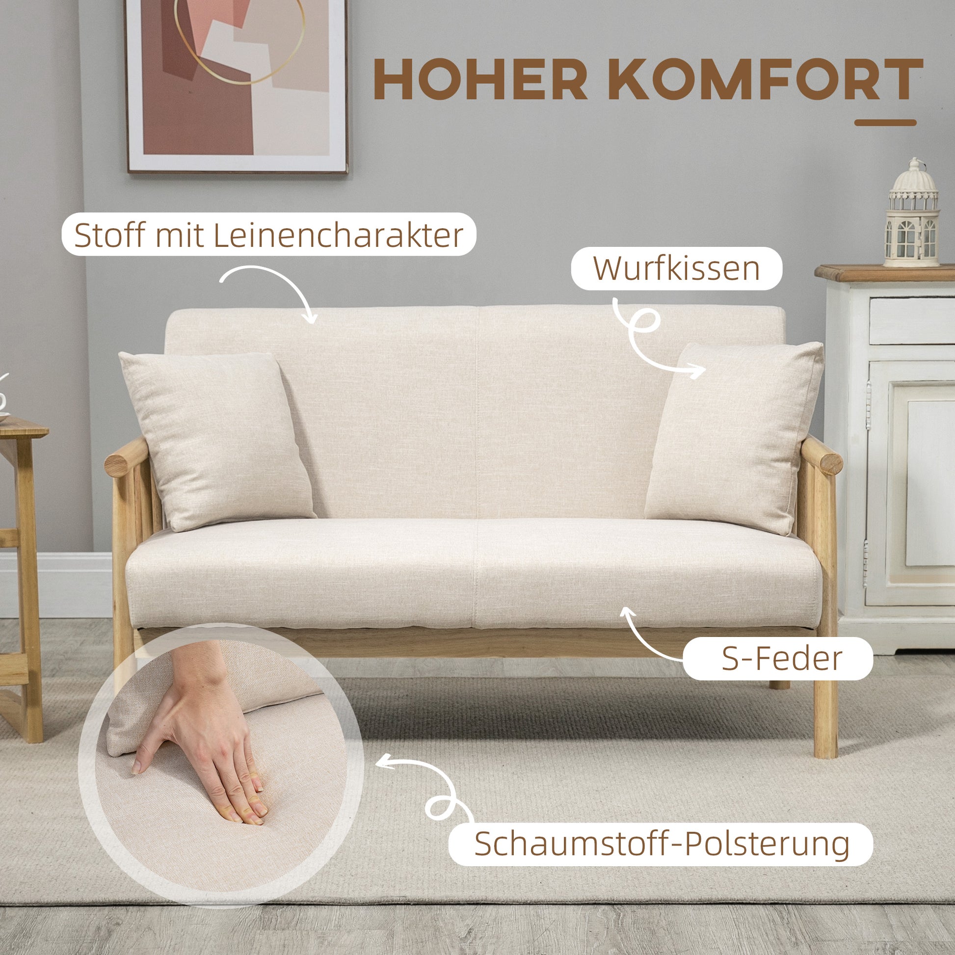 2 Seater Sofa, Couch with 2 Lumbar Pillows, Upholstered Sofa with Wooden Frame, Linen-Look, Modern Double Sofa for Small Spaces, Living Room, Bedroom, Beige