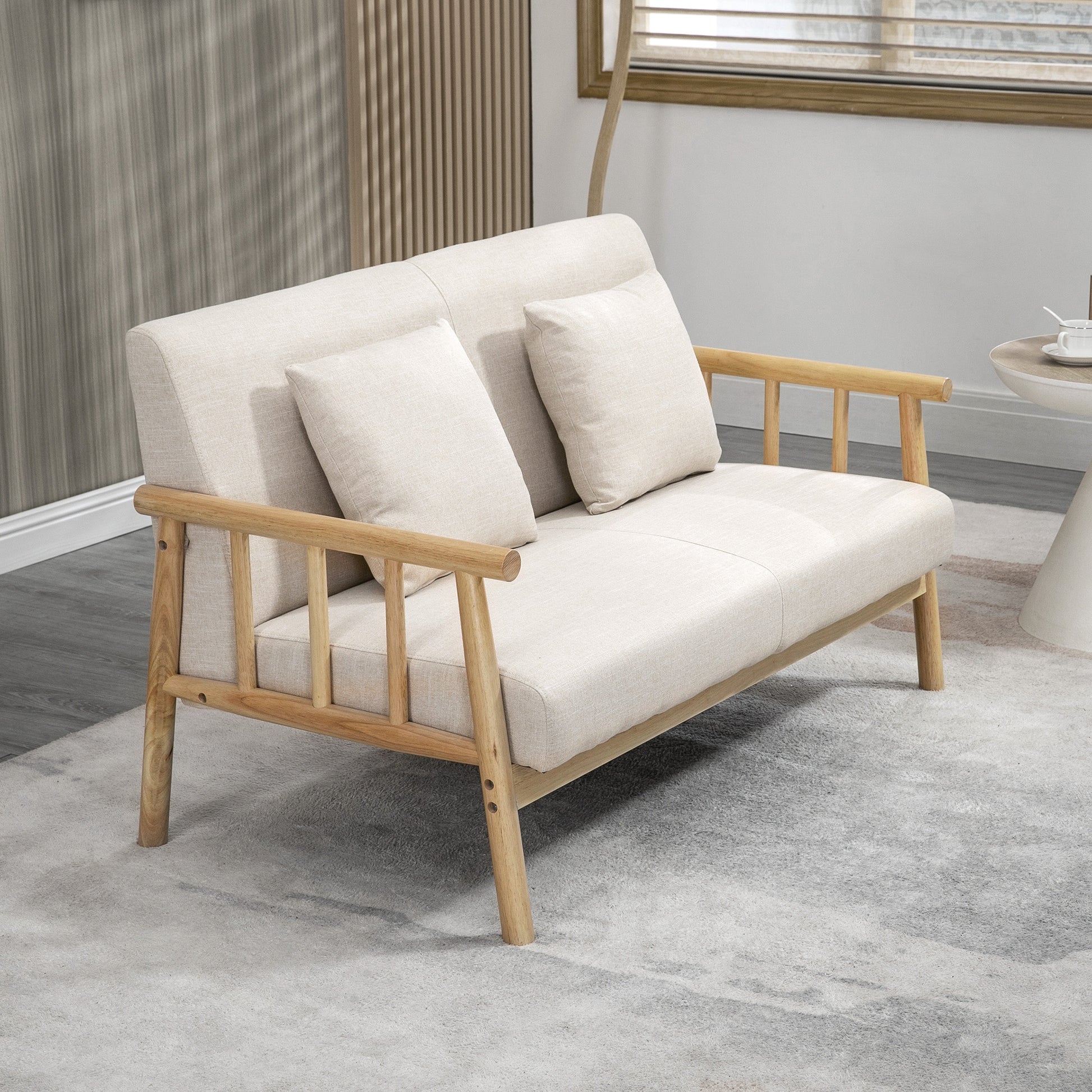 2 Seater Sofa, Couch with 2 Lumbar Pillows, Upholstered Sofa with Wooden Frame, Linen-Look, Modern Double Sofa for Small Spaces, Living Room, Bedroom, Beige