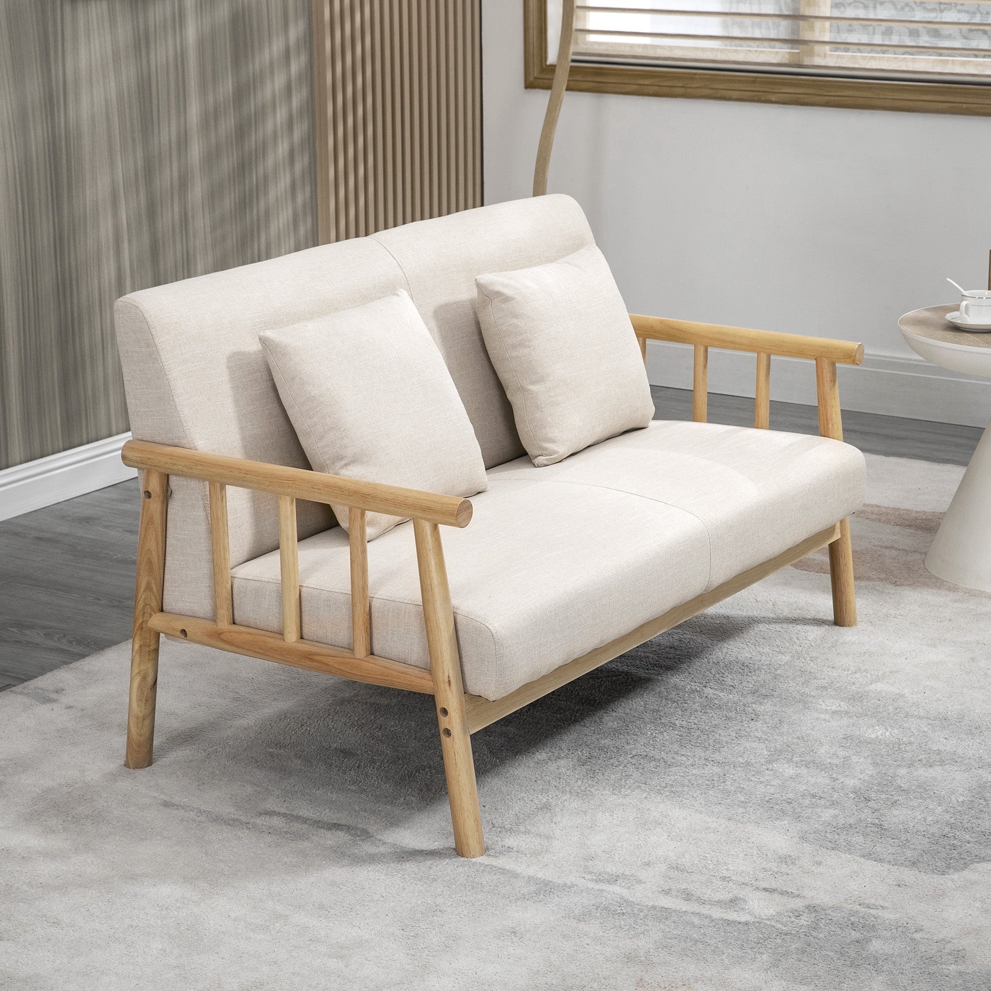 2 Seater Sofa, Couch with 2 Lumbar Pillows, Upholstered Sofa with Wooden Frame, Linen-Look, Modern Double Sofa for Small Spaces, Living Room, Bedroom, Beige