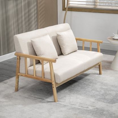2 Seater Sofa, Couch with 2 Lumbar Pillows, Upholstered Sofa with Wooden Frame, Linen-Look, Modern Double Sofa for Small Spaces, Living Room, Bedroom, Beige