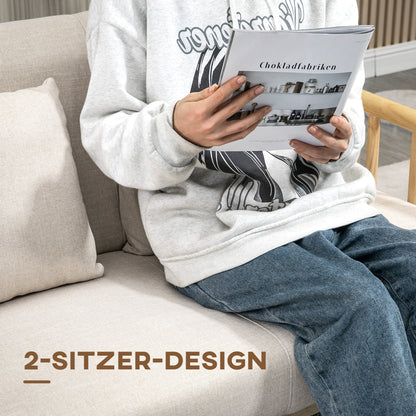 2 Seater Sofa, Couch with 2 Lumbar Pillows, Upholstered Sofa with Wooden Frame, Linen-Look, Modern Double Sofa for Small Spaces, Living Room, Bedroom, Beige