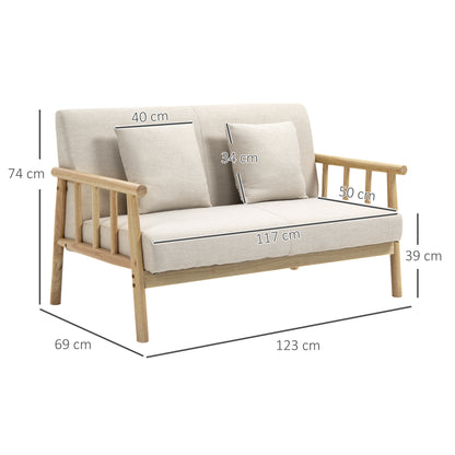 2 Seater Sofa, Couch with 2 Lumbar Pillows, Upholstered Sofa with Wooden Frame, Linen-Look, Modern Double Sofa for Small Spaces, Living Room, Bedroom, Beige
