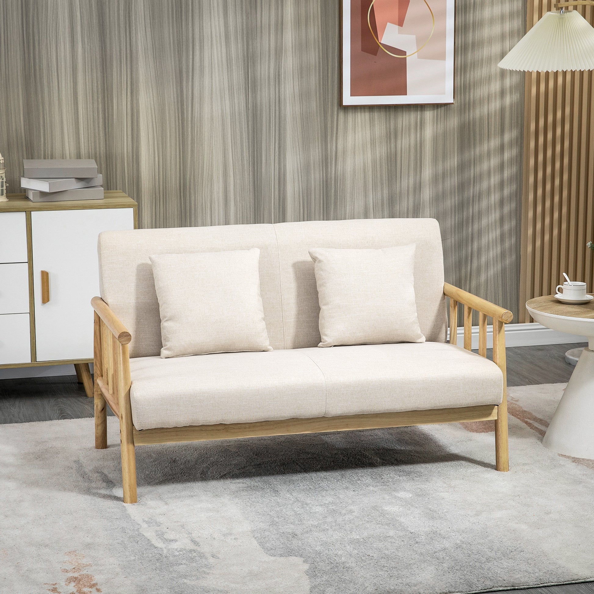 2 Seater Sofa, Couch with 2 Lumbar Pillows, Upholstered Sofa with Wooden Frame, Linen-Look, Modern Double Sofa for Small Spaces, Living Room, Bedroom, Beige
