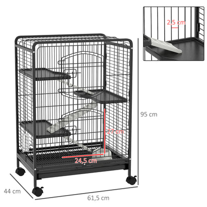 Small Animal Cage Rodent Cage with Wheels Ramp Bowl Water Bottle and Removable Tray Enclosure for Rabbits Chinchillas Ferrets 61.5x44x95 cm Black