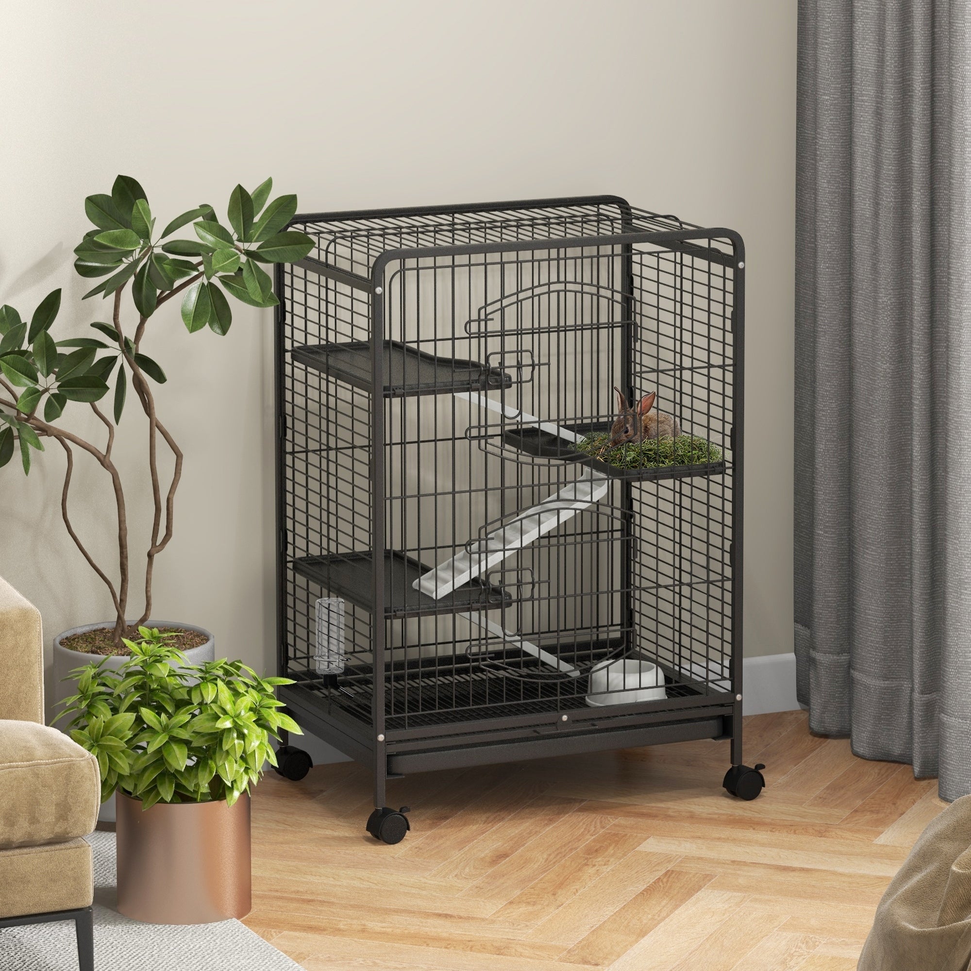 Small Animal Cage Rodent Cage with Wheels Ramp Bowl Water Bottle and Removable Tray Enclosure for Rabbits Chinchillas Ferrets 61.5x44x95 cm Black