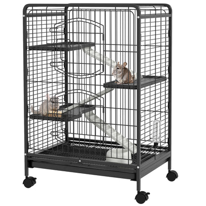 Small Animal Cage Rodent Cage with Wheels Ramp Bowl Water Bottle and Removable Tray Enclosure for Rabbits Chinchillas Ferrets 61.5x44x95 cm Black