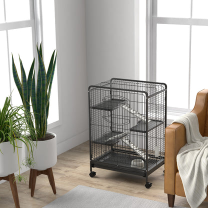 Small Animal Cage Rodent Cage with Wheels Ramp Bowl Water Bottle and Removable Tray Enclosure for Rabbits Chinchillas Ferrets 61.5x44x95 cm Black