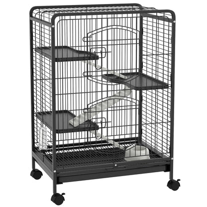 Small Animal Cage Rodent Cage with Wheels Ramp Bowl Water Bottle and Removable Tray Enclosure for Rabbits Chinchillas Ferrets 61.5x44x95 cm Black