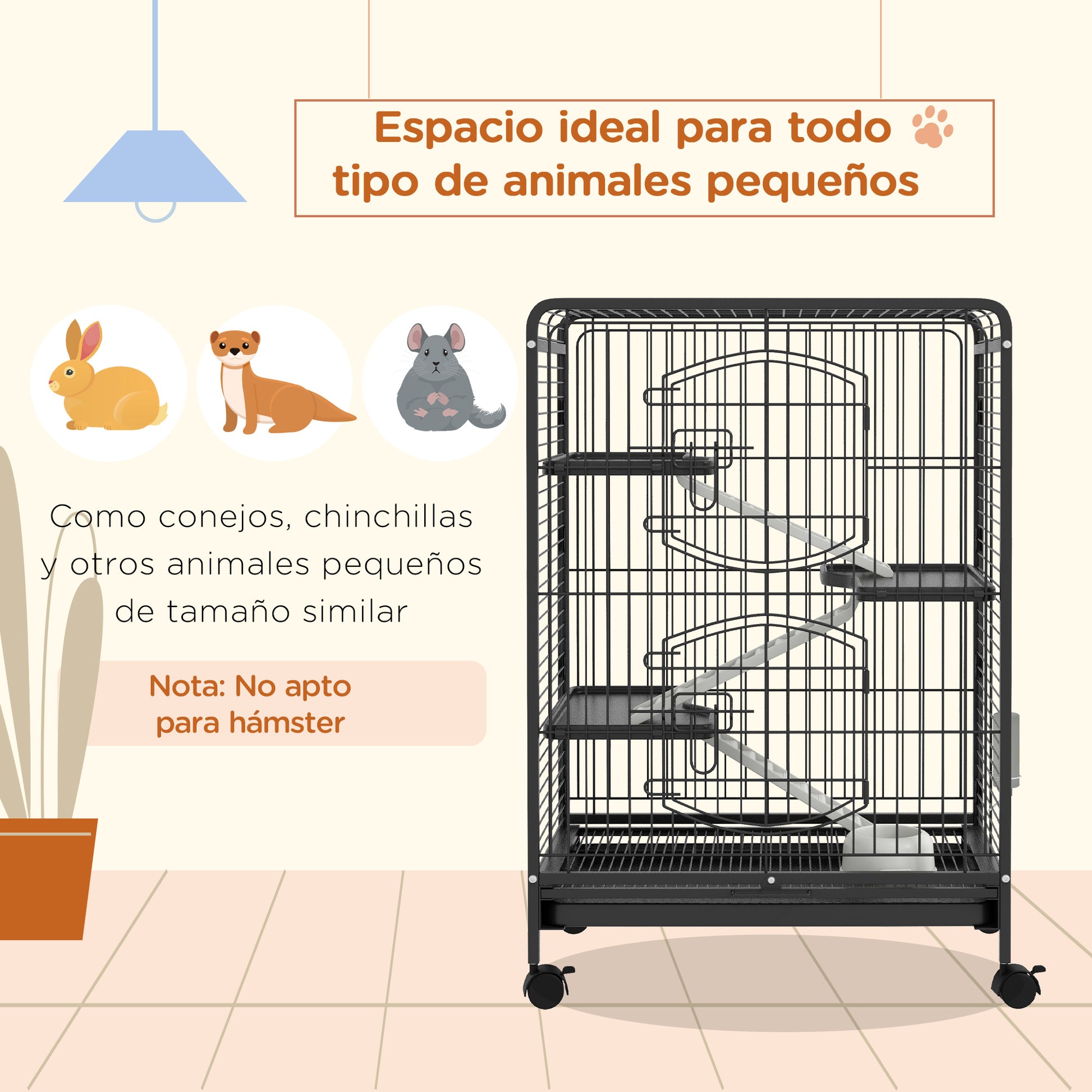 Small Animal Cage Rodent Cage with Wheels Ramp Bowl Water Bottle and Removable Tray Enclosure for Rabbits Chinchillas Ferrets 61.5x44x95 cm Black