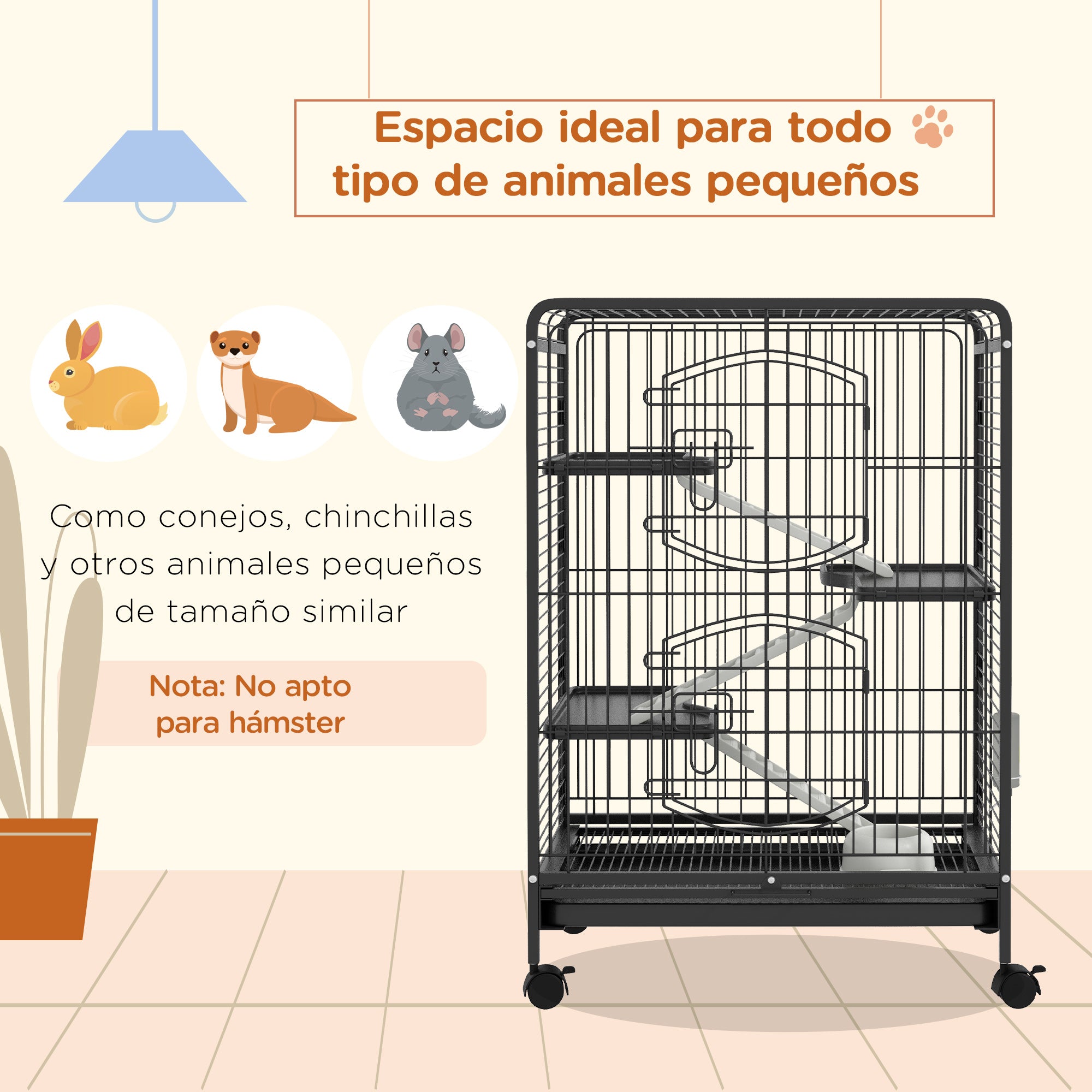 Small Animal Cage Rodent Cage with Wheels Ramp Bowl Water Bottle and Removable Tray Enclosure for Rabbits Chinchillas Ferrets 61.5x44x95 cm Black