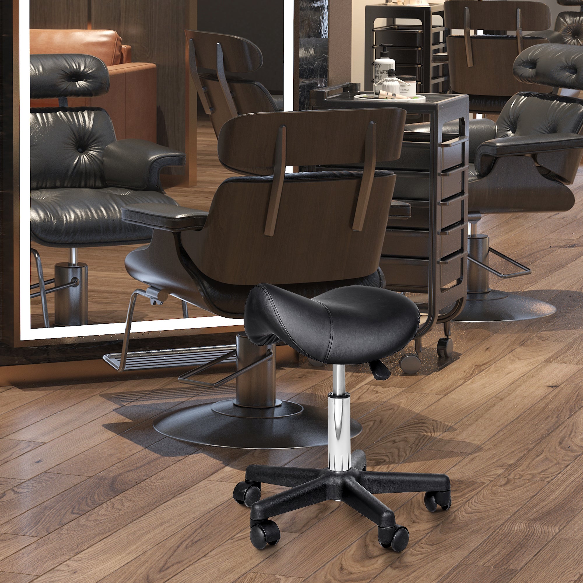Rolling Stool Height Adjustable Swivel Stool Work Stool with Wheels Rotating Salon Chair Seat Stool Salon Stool Faux Leather Black 35 x 38 x 43-55H cm