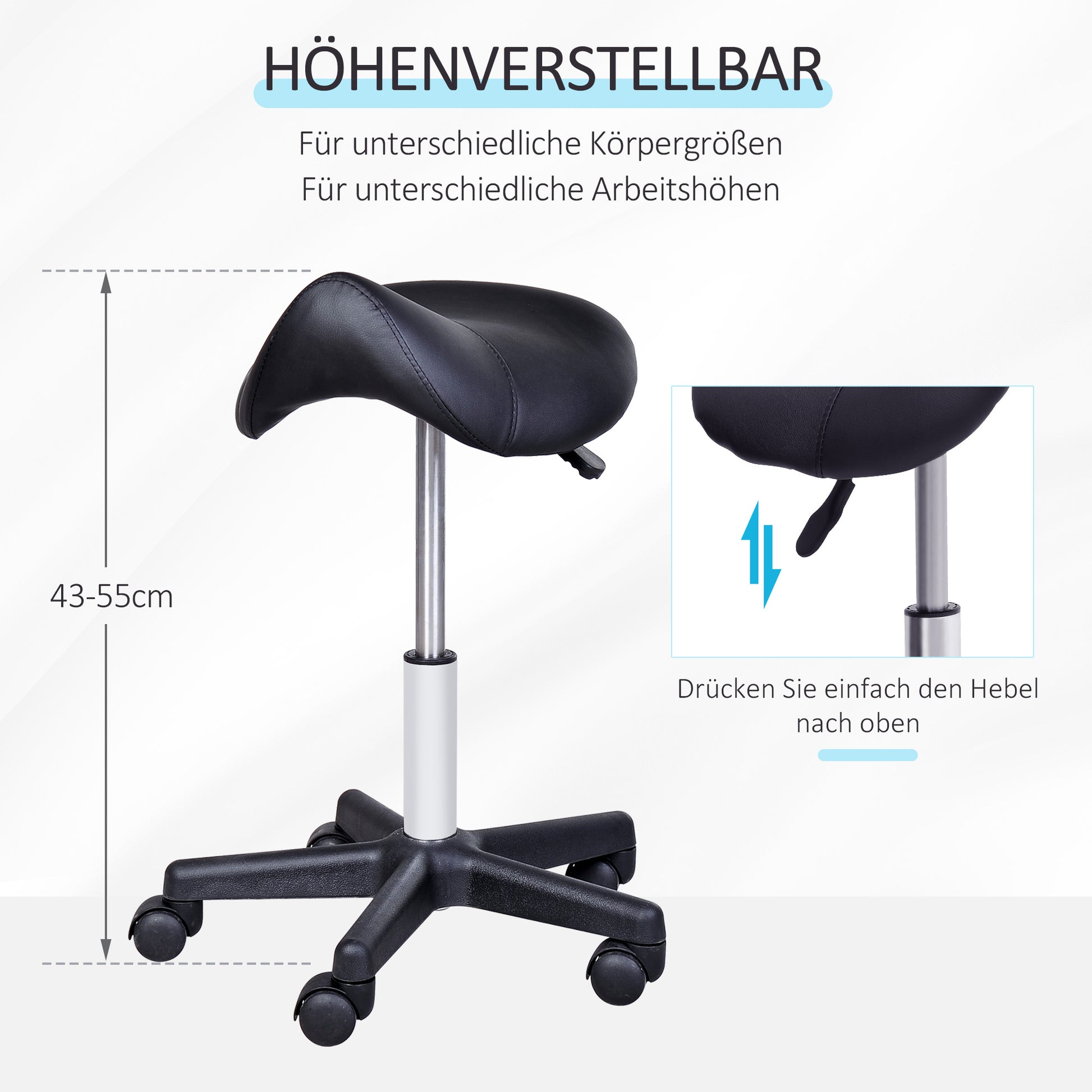 Rolling Stool Height Adjustable Swivel Stool Work Stool with Wheels Rotating Salon Chair Seat Stool Salon Stool Faux Leather Black 35 x 38 x 43-55H cm