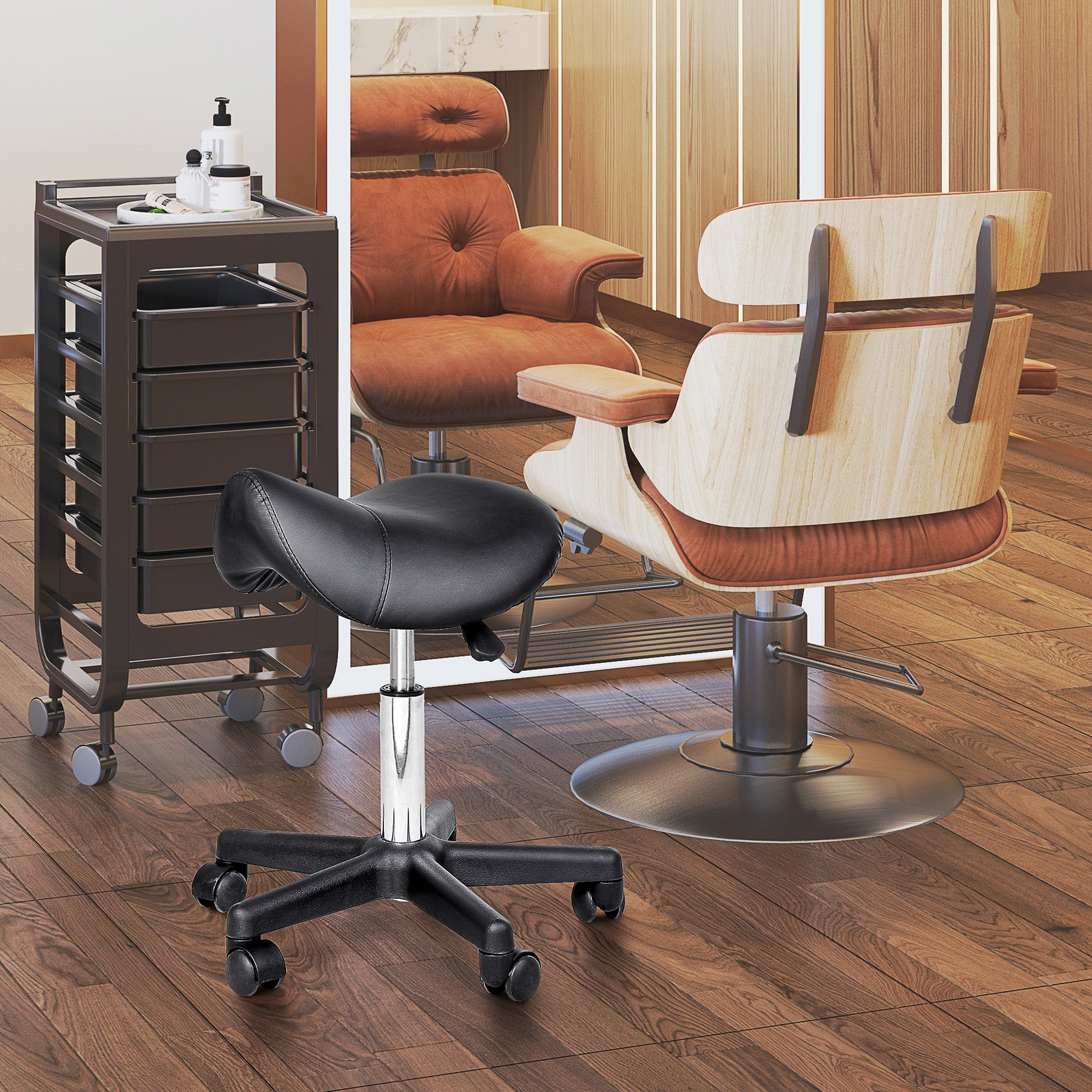 Rolling Stool Height Adjustable Swivel Stool Work Stool with Wheels Rotating Salon Chair Seat Stool Salon Stool Faux Leather Black 35 x 38 x 43-55H cm