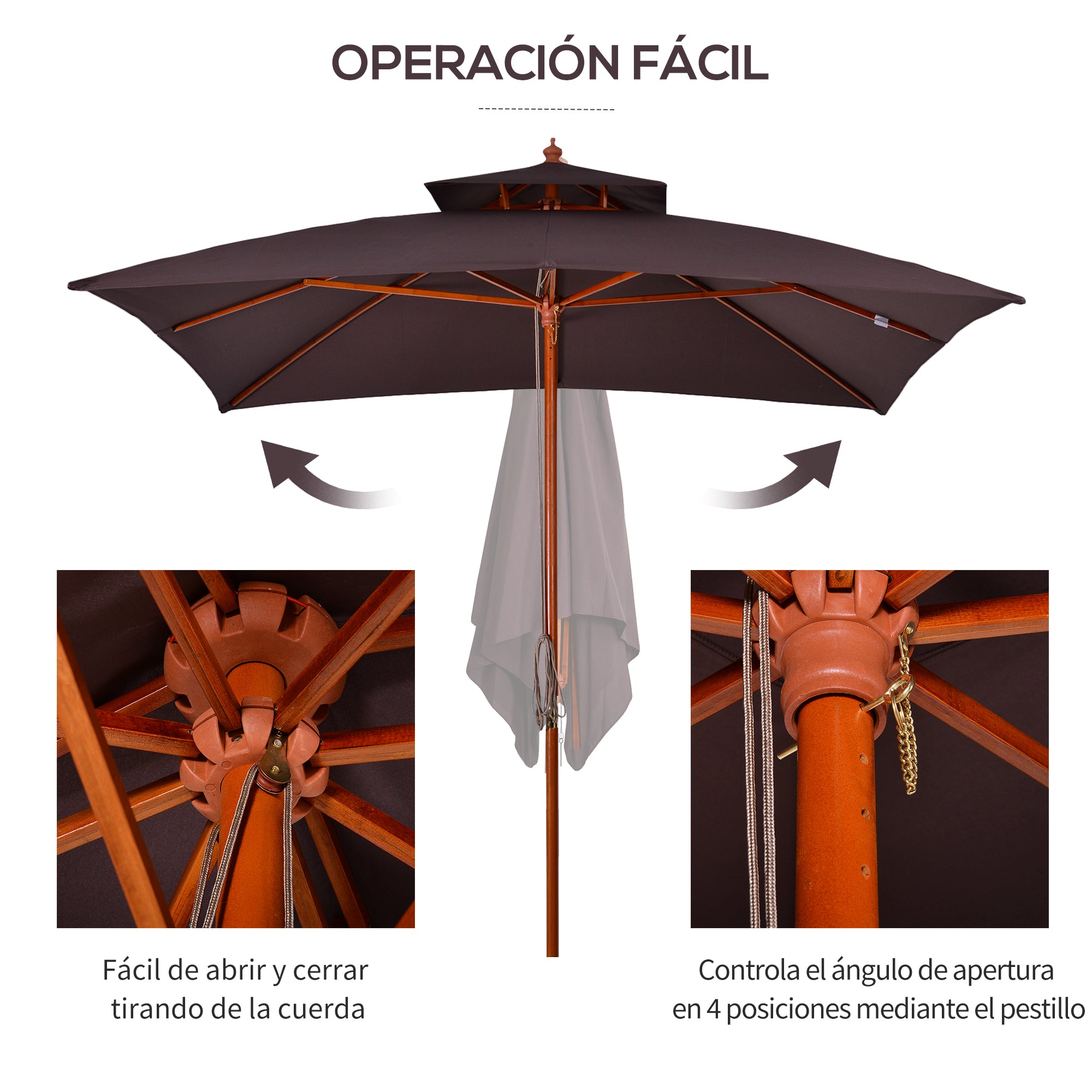 Garden Umbrella 3x3x3 m Bamboo Garden Parasol with Double Roof Pulley System Waterproof for Terrace Balcony Outdoor Brown